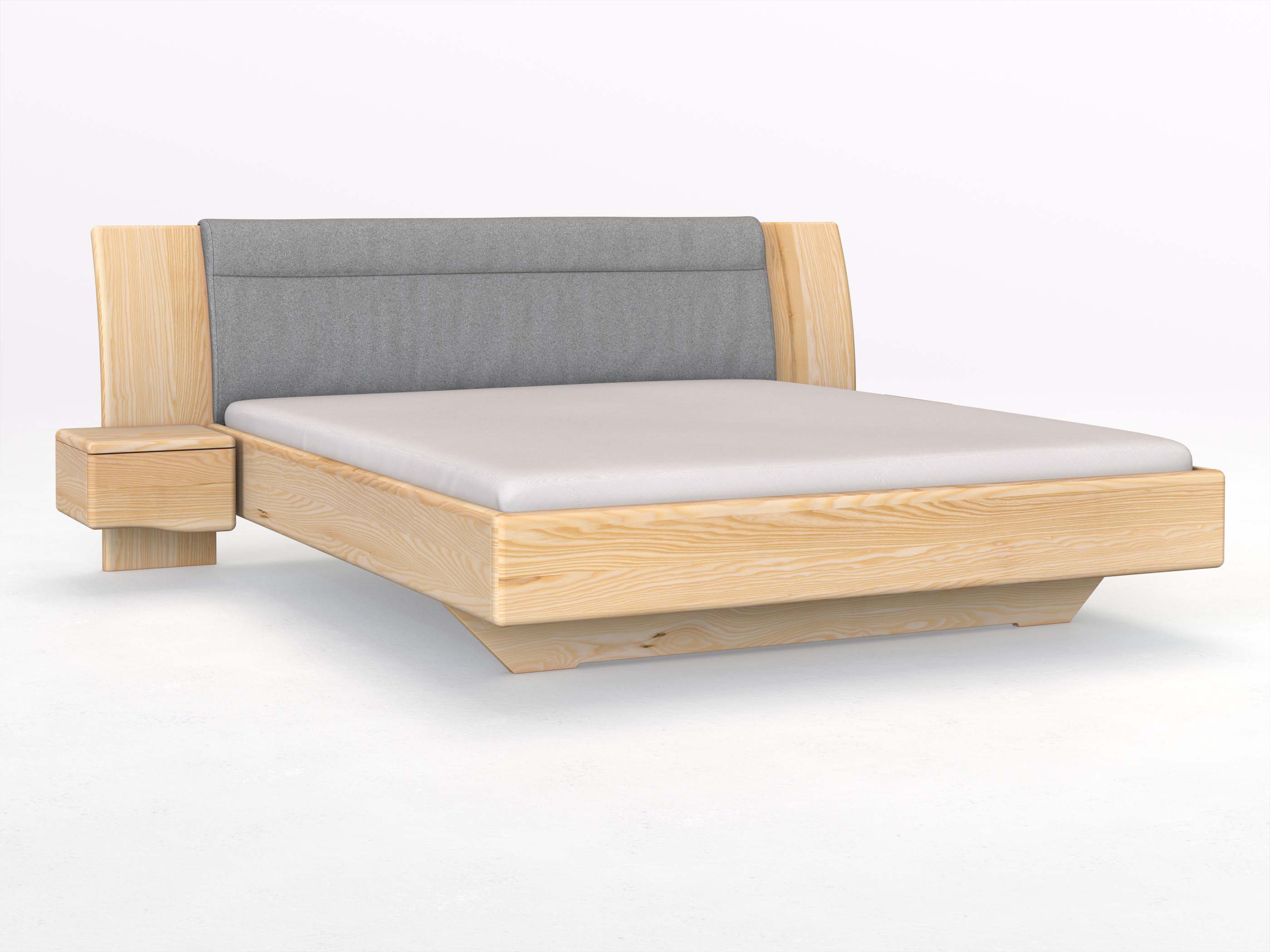 Eschenbett „Nadja“ in 180 x 200 cm, mit zwei Nachttischen (40cm) Griff: Welle und Stoff: Schafschurwolle „Loden“ in der Farbe Nebelgrau