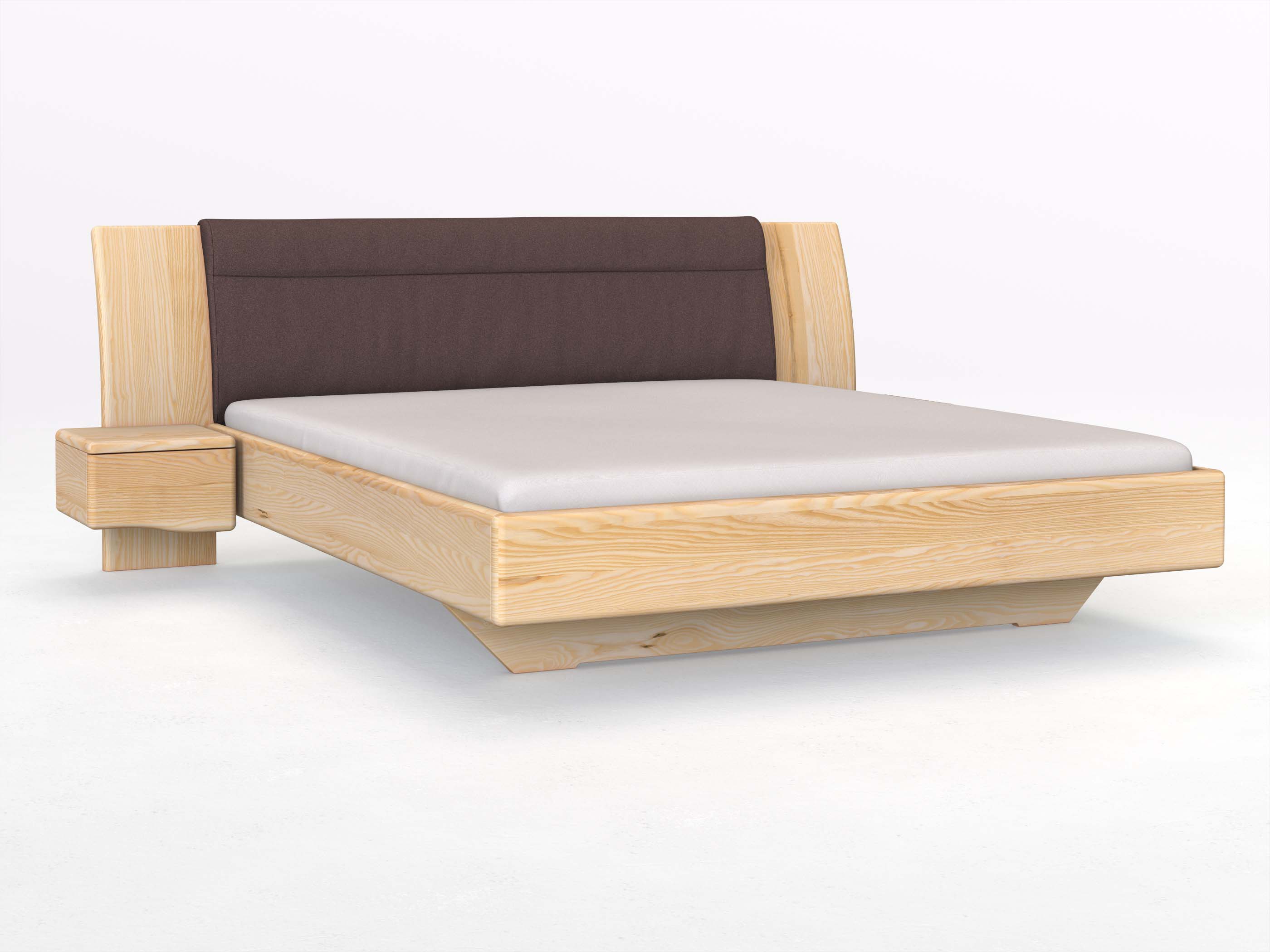 Eschenbett „Nadja“ in 180 x 200 cm, mit zwei Nachttischen (40cm) Griff: Welle und Stoff: Schafschurwolle „Loden“ in der Farbe Abenddämmerung