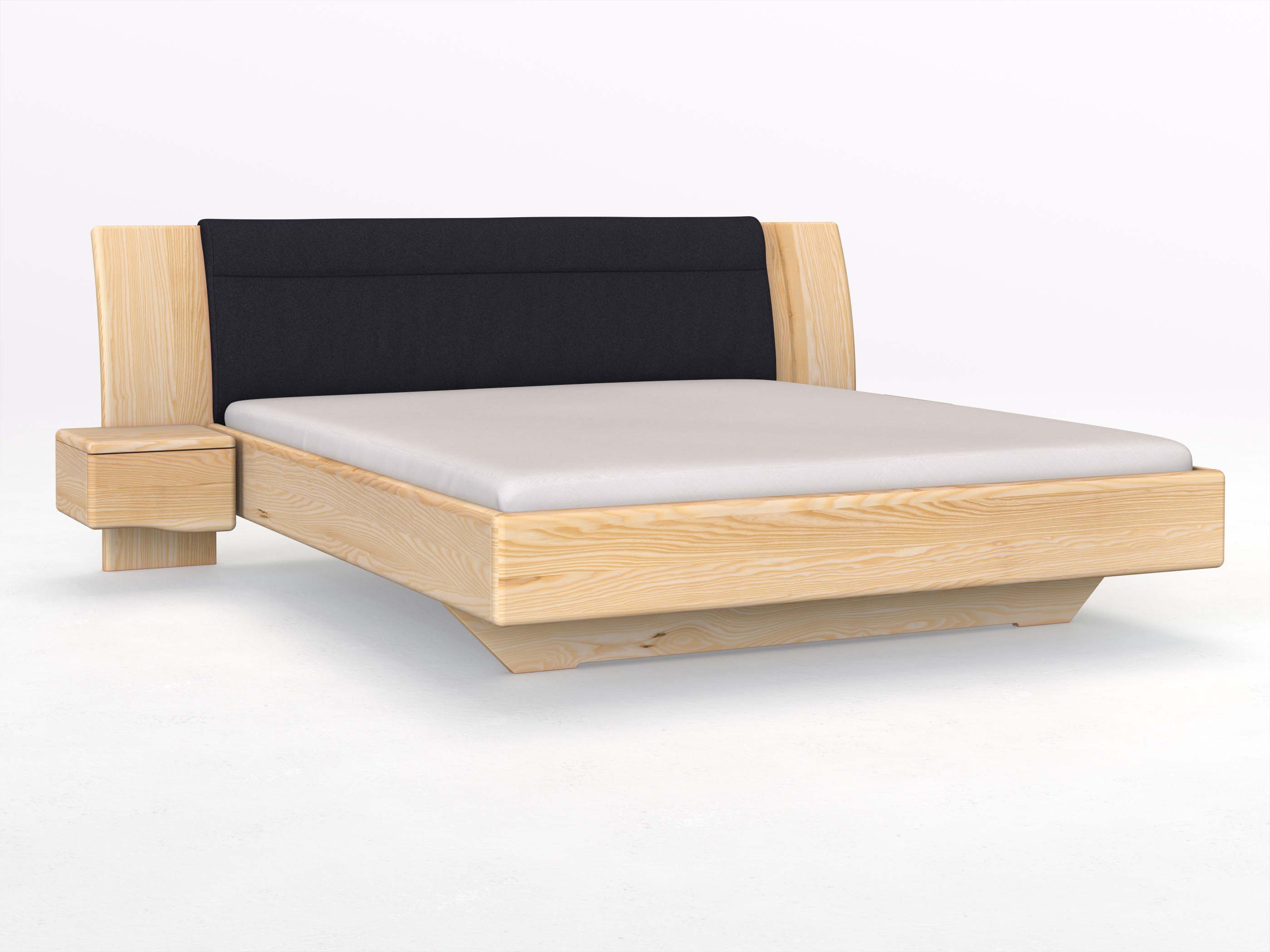 Eschenbett „Nadja“ in 180 x 200 cm, mit zwei Nachttischen (40cm) Griff: Welle und Stoff: Schafschurwolle „Loden“ in der Farbe Nachtblau