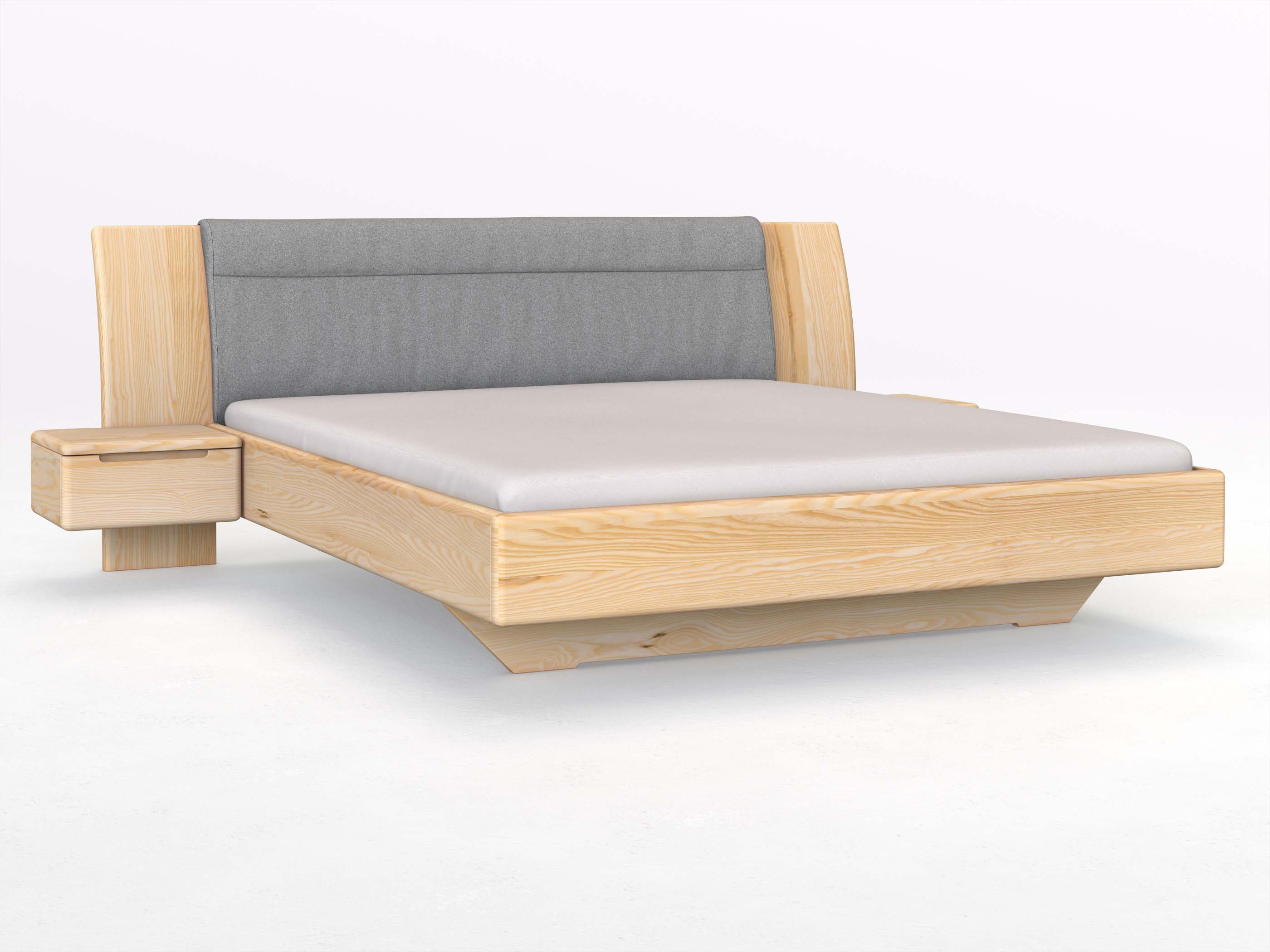 Eschenbett „Nadja“ in 180 x 200 cm, mit zwei Nachttischen (50cm) Griff: Griffleiste B und Stoff: Schafschurwolle „Loden“ in der Farbe Nebelgrau