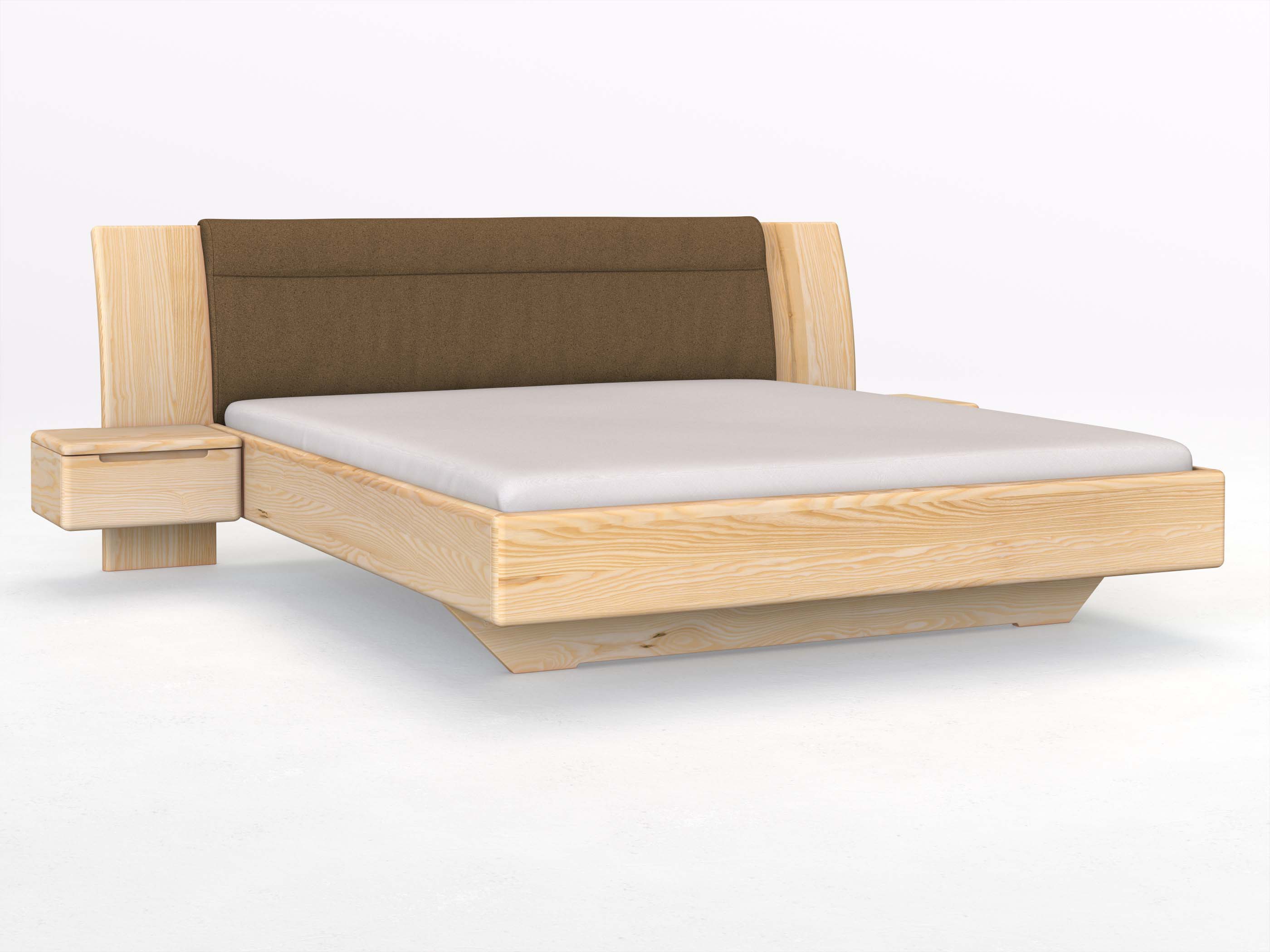 Eschenbett „Nadja“ in 180 x 200 cm, mit zwei Nachttischen (50cm) Griff: Griffleiste B und Stoff: Schafschurwolle „Loden“ in der Farbe Zimtrinde