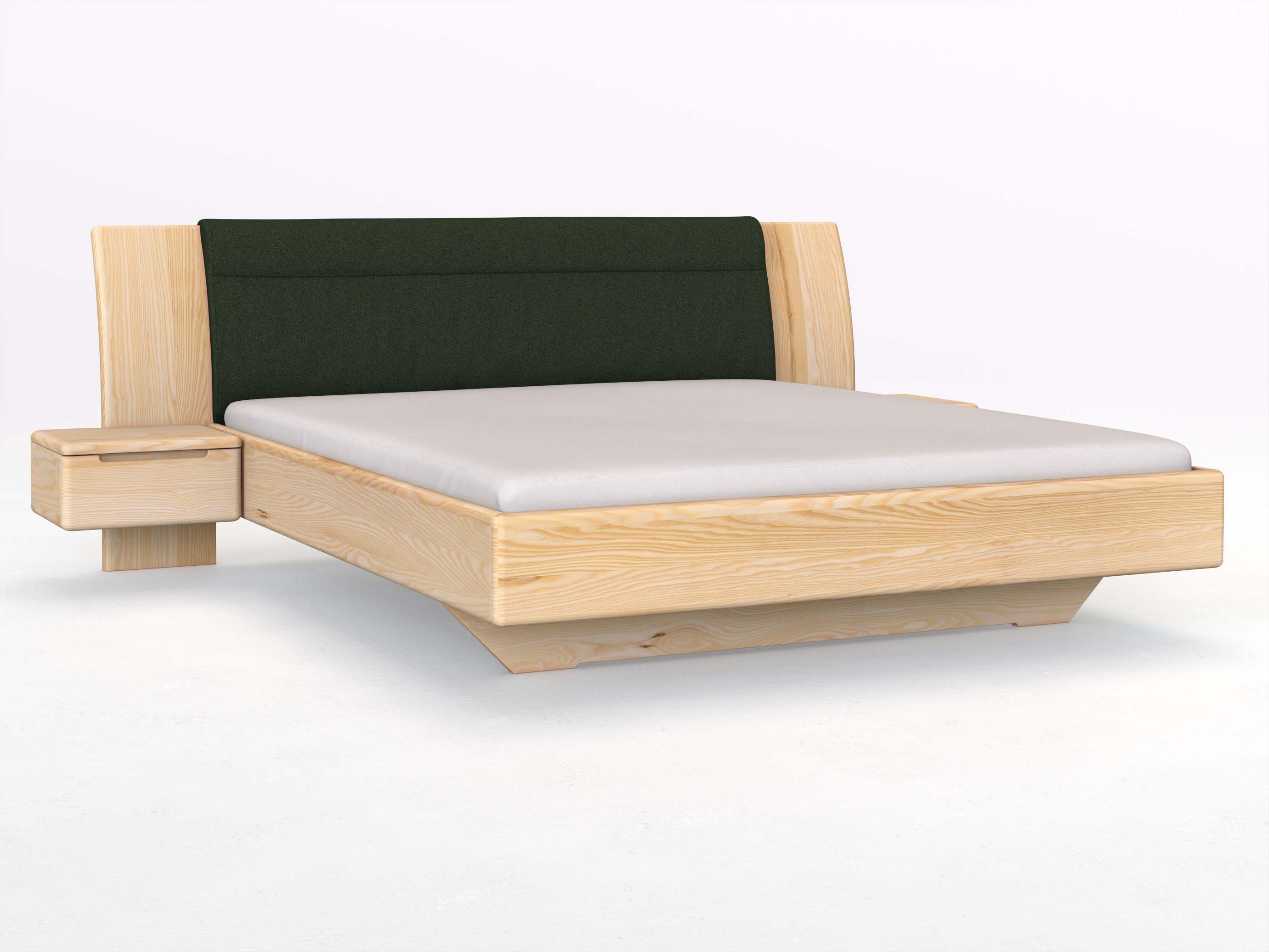 Eschenbett „Nadja“ in 180 x 200 cm, mit zwei Nachttischen (50cm) Griff: Griffleiste B und Stoff: Schafschurwolle „Loden“ in der Farbe Tannenwald