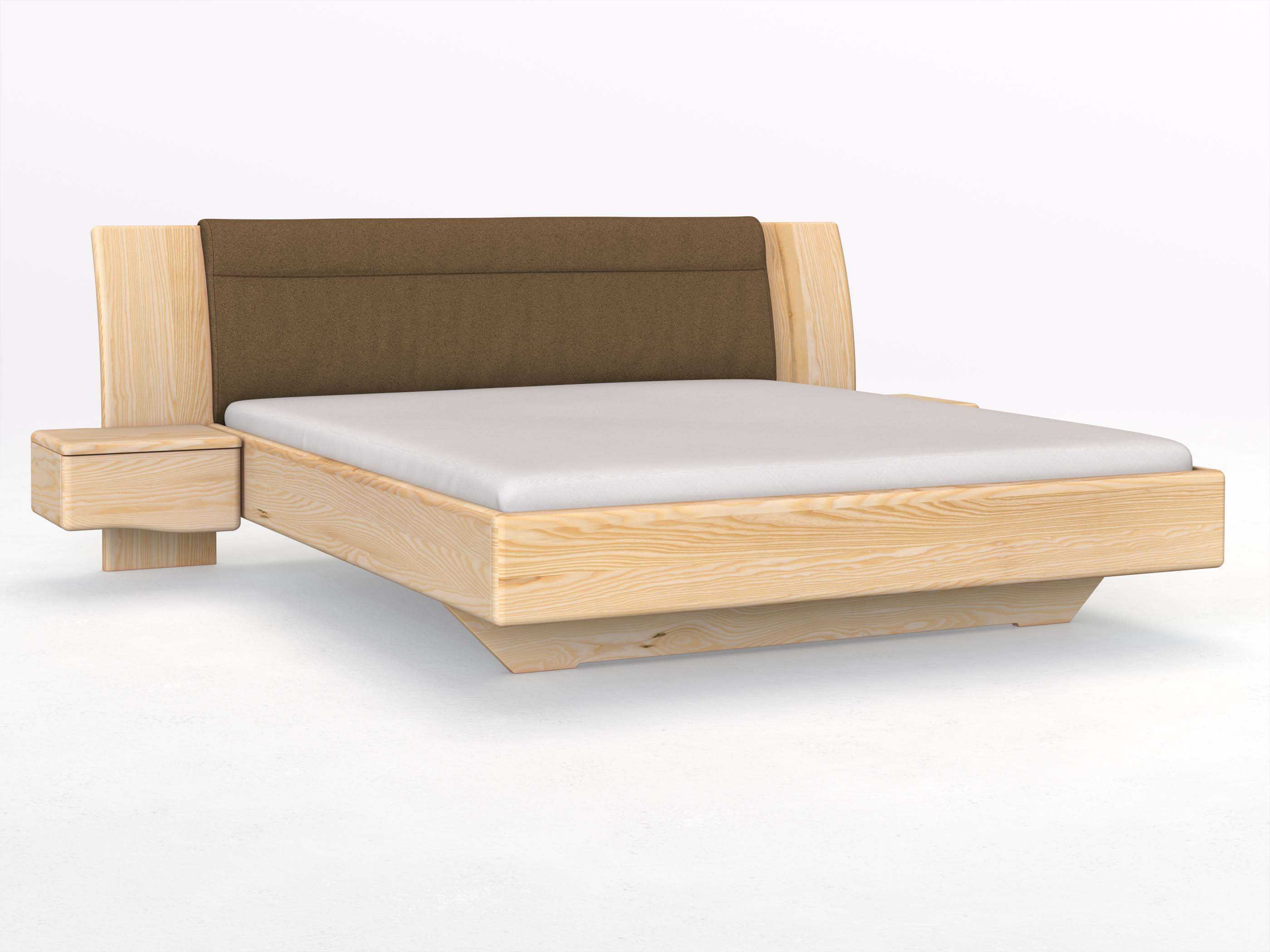 Eschenbett „Nadja“ in 180 x 200 cm, mit zwei Nachttischen (50cm) Griff: Welle und Stoff: Schafschurwolle „Loden“ in der Farbe Zimtrinde