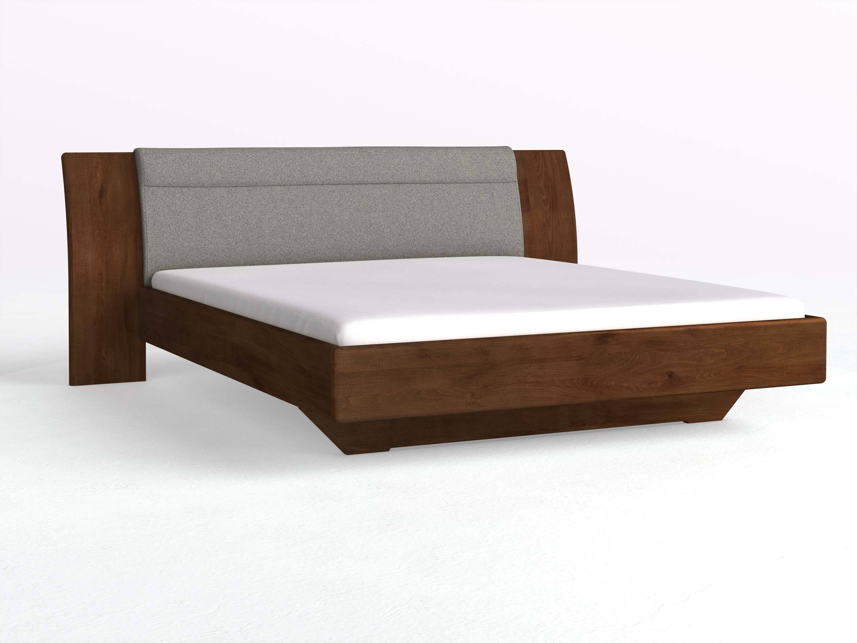 Buchenbett Dunkle „Nadja“ in 180 x 200 cm, mit Stoff: Schafschurwolle „Fischgrät“ in der Farbe Grauer Mohn