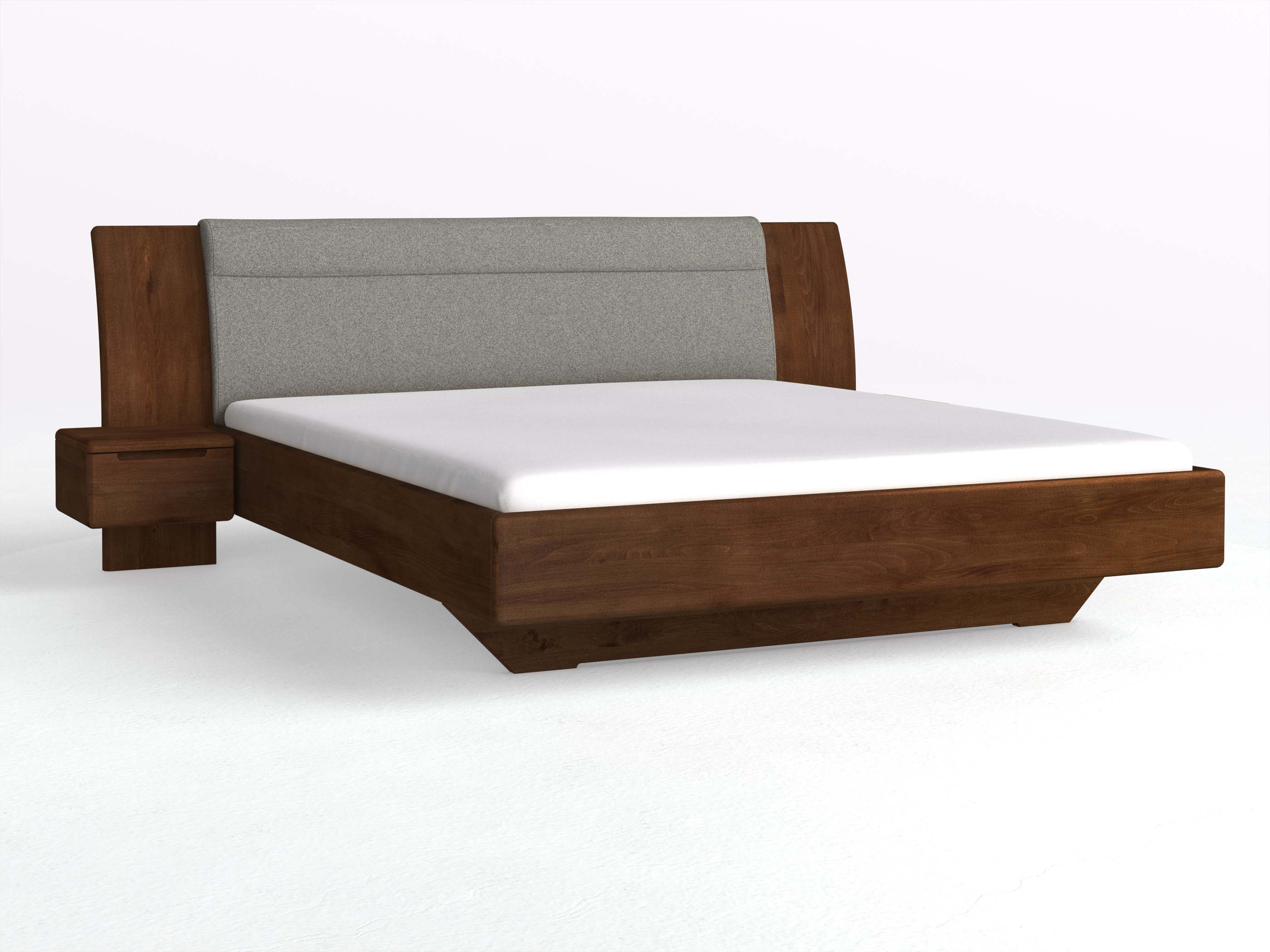 Buchenbett Dunkel „Nadja“ in 180 x 200 cm, mit zwei Nachttischen (40cm) Griff: Griffleiste B und Stoff: Schafschurwolle „Fischgrät“ in der Farbe Grauer Mohn