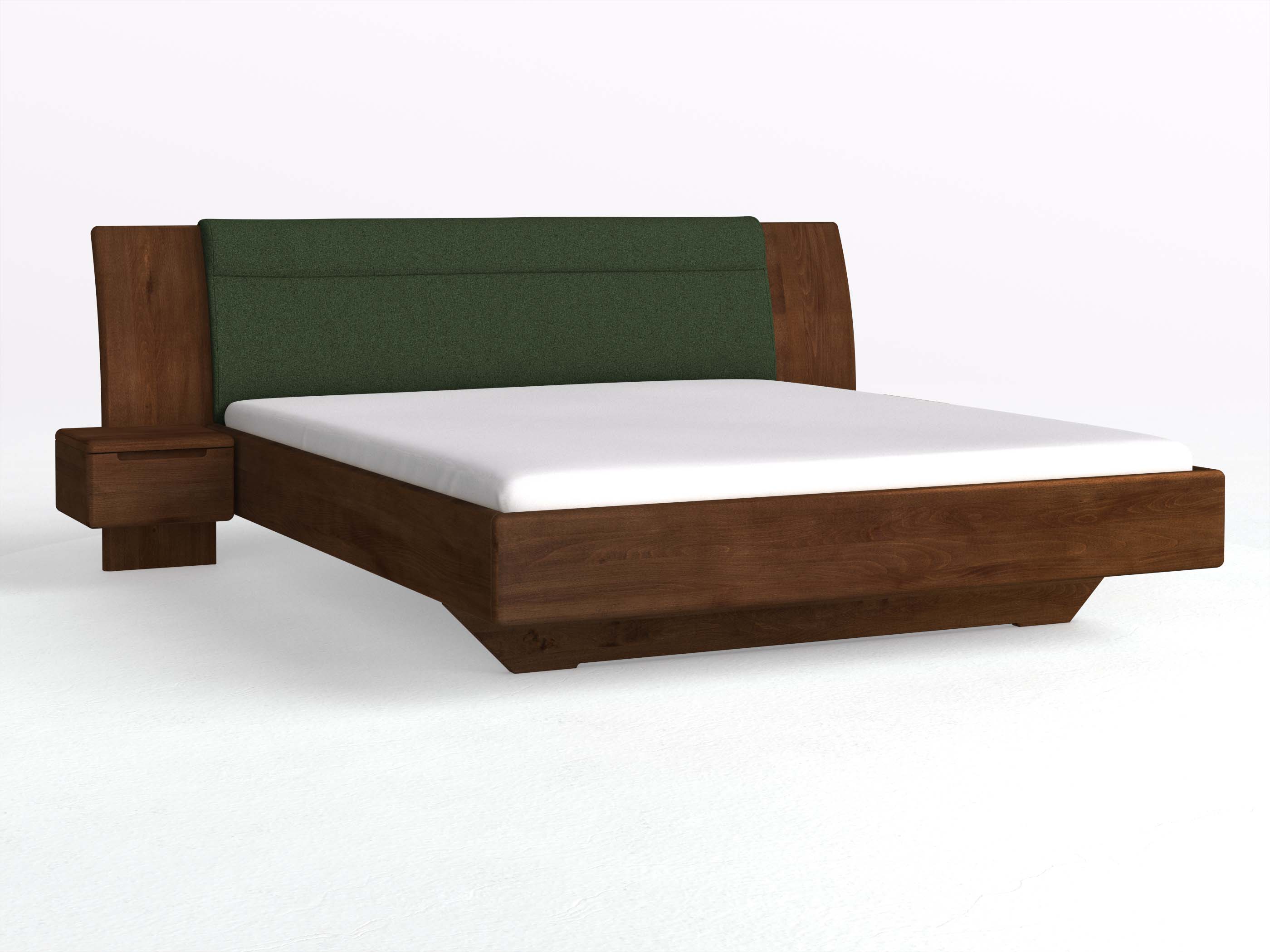 Buchenbett Dunkel „Nadja“ in 180 x 200 cm, mit zwei Nachttischen (40cm) Griff: Griffleiste B und Stoff: Schafschurwolle „Loden“ in der Farbe Tannenwald