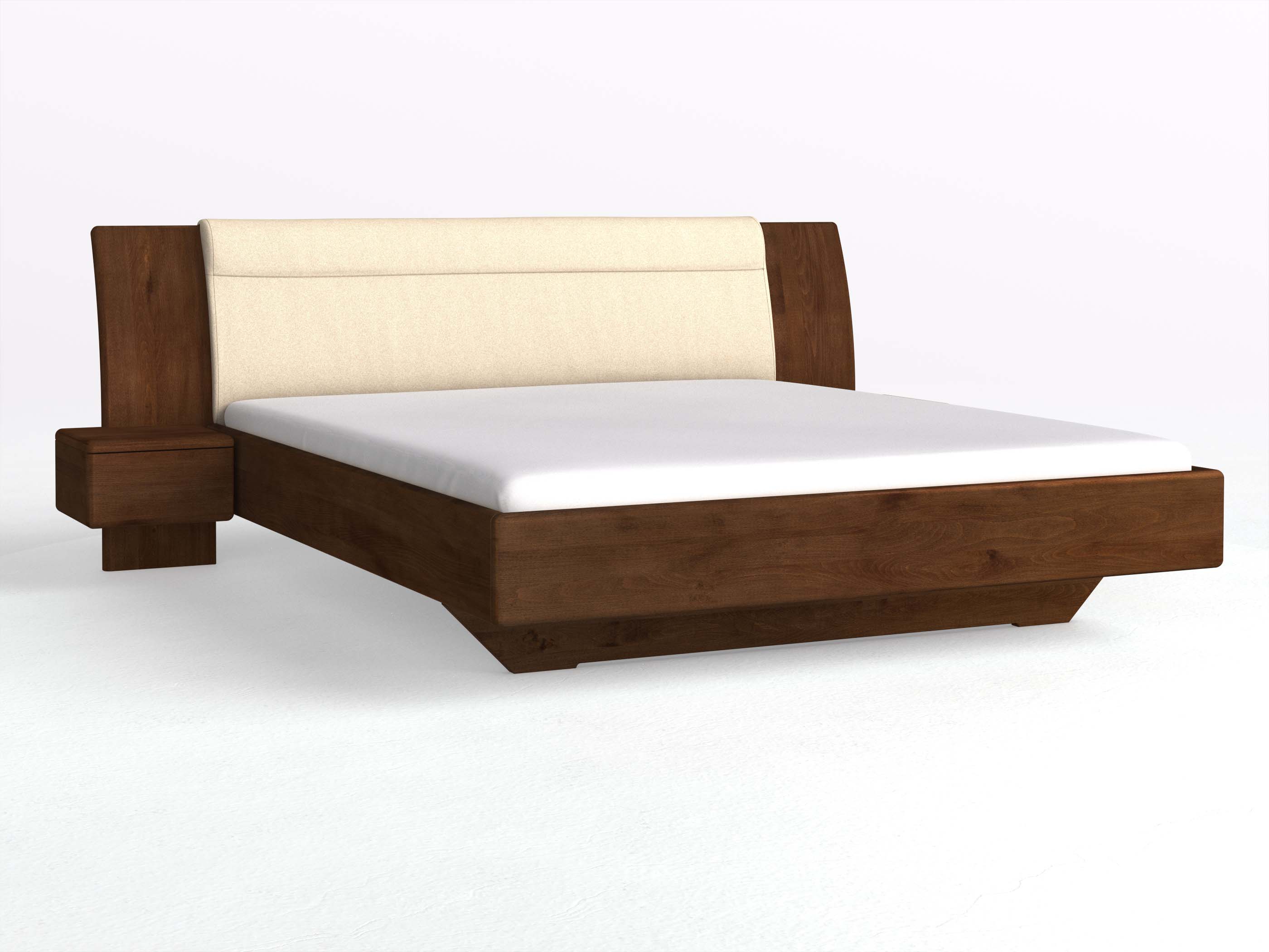 Buchenbett Dunkel „Nadja“ in 180 x 200 cm, mit zwei Nachttischen (40cm) Griff: Grifflos und Stoff: Schafschurwolle „Fischgrät“ in der Farbe Holunderblüte