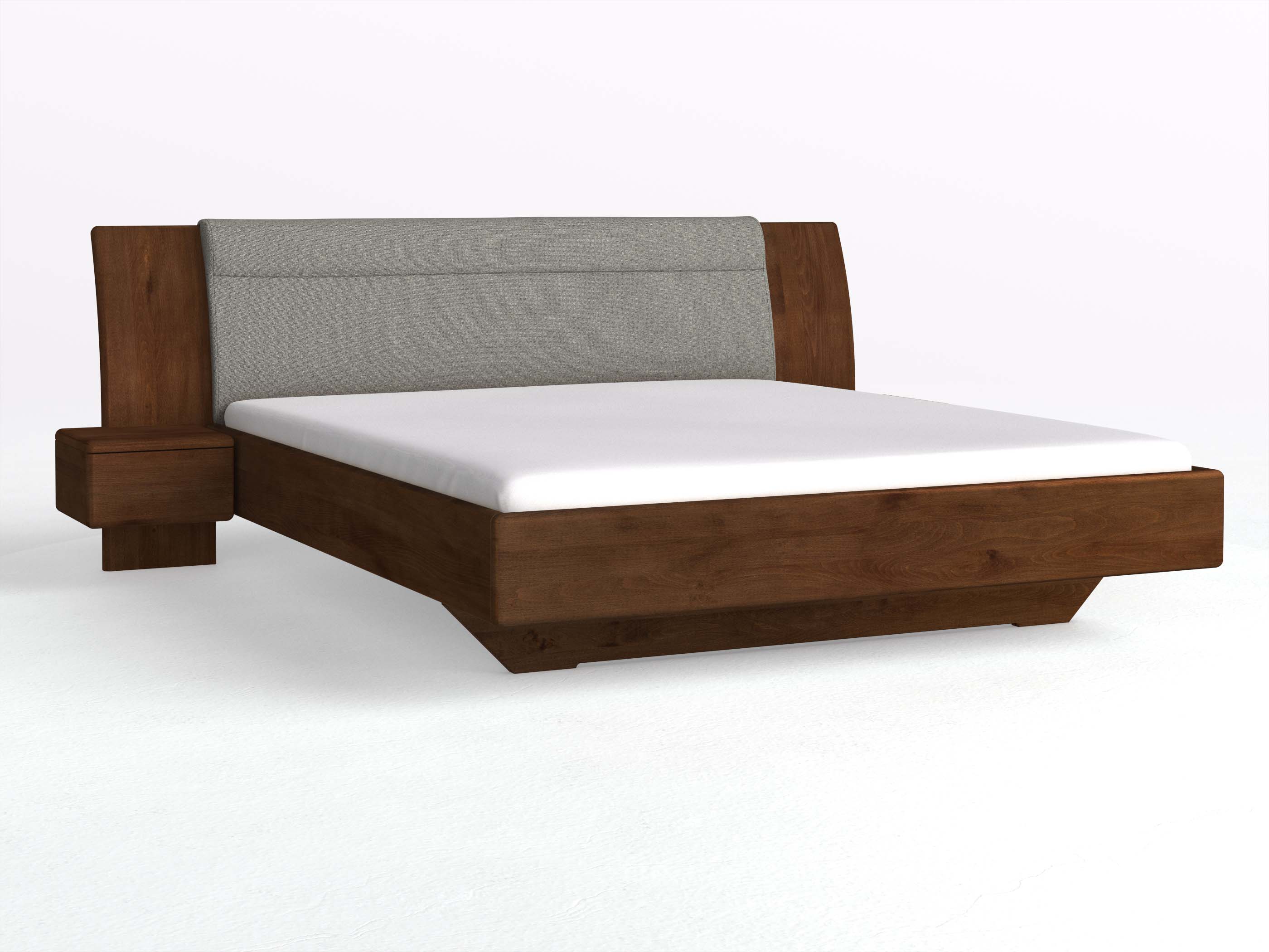 Buchenbett Dunkel „Nadja“ in 180 x 200 cm, mit zwei Nachttischen (40cm) Griff: Grifflos und Stoff: Schafschurwolle „Fischgrät“ in der Farbe Grauer Mohn