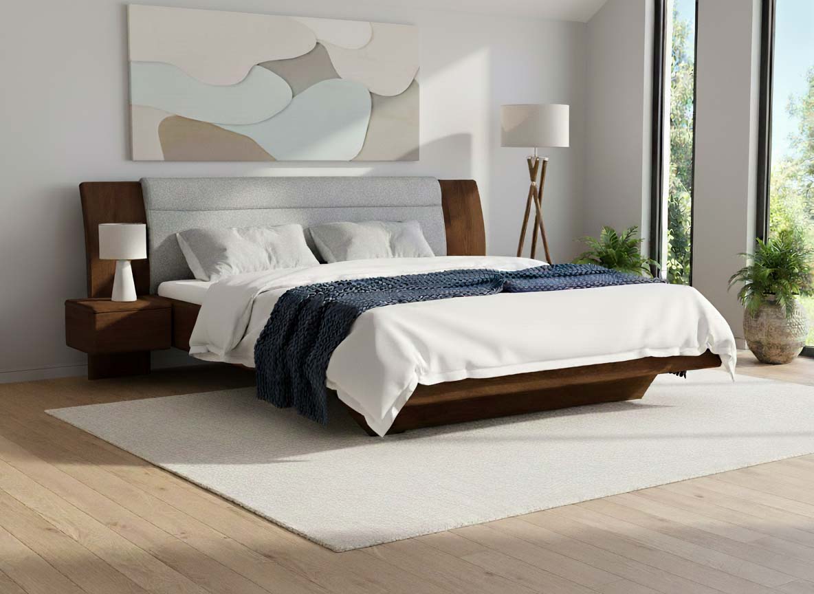 Buchenbett Dunkel „Nadja“ in 180 x 200 cm, mit zwei Nachttischen (40cm) Griff: Grifflos und Stoff: Schafschurwolle „Loden“ in der Farbe Nebelgrau