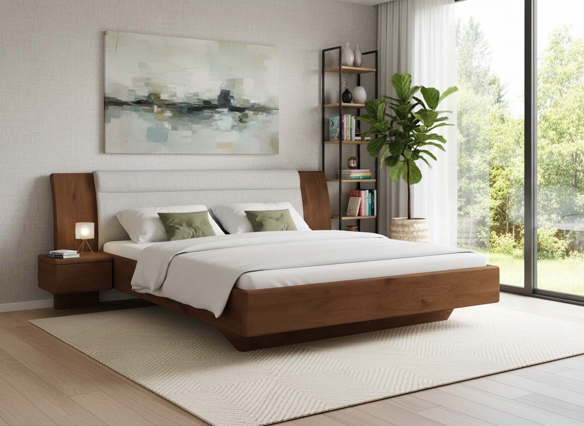 Buchenbett Dunkel „Nadja“ in 180 x 200 cm, mit zwei Nachttischen (40cm) Griff: Grifflos und Stoff: Schafschurwolle „Loden“ in der Farbe Nebelgrau