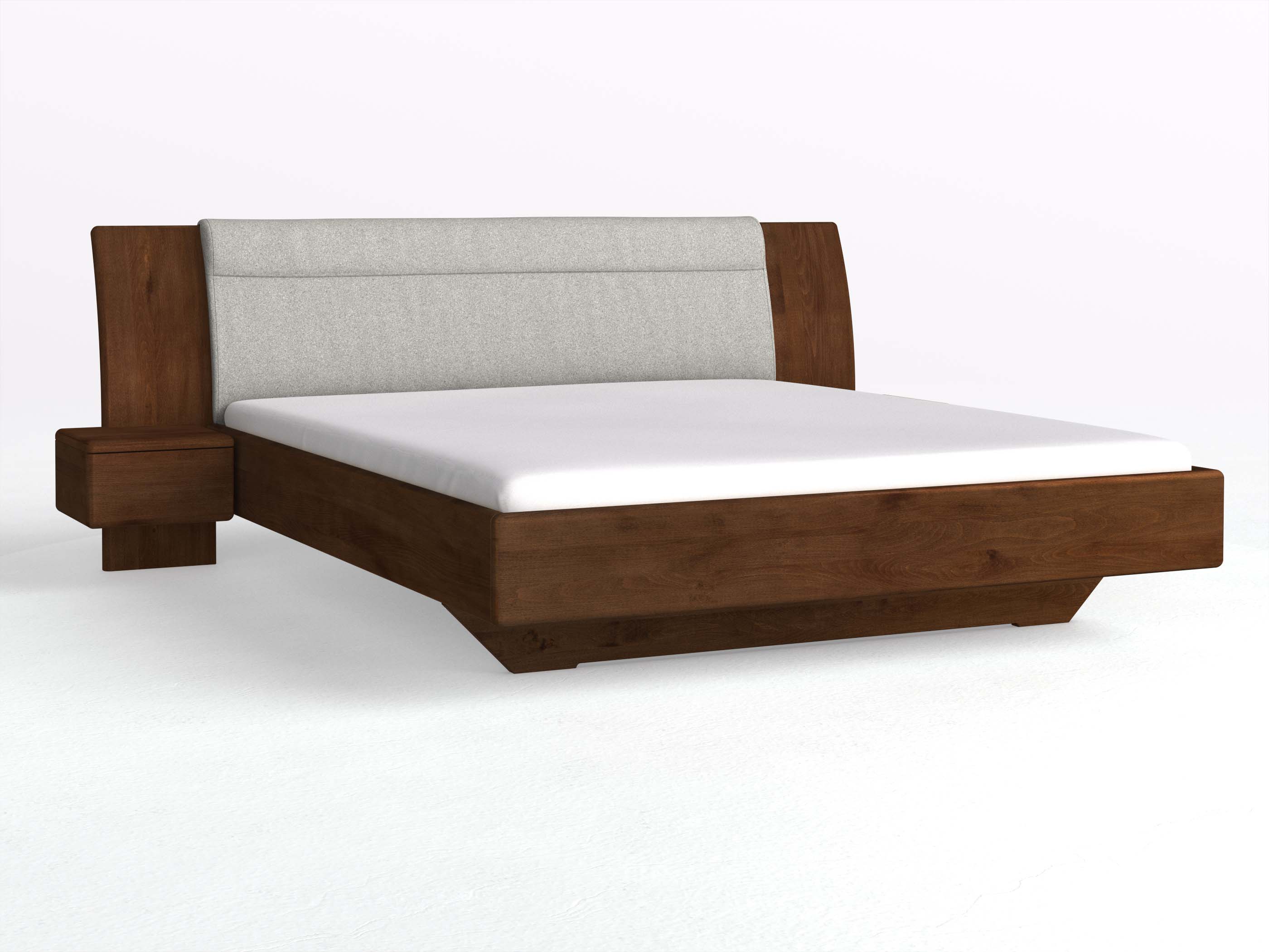 Buchenbett Dunkel „Nadja“ in 180 x 200 cm, mit zwei Nachttischen (40cm) Griff: Grifflos und Stoff: Schafschurwolle „Loden“ in der Farbe Nebelgrau