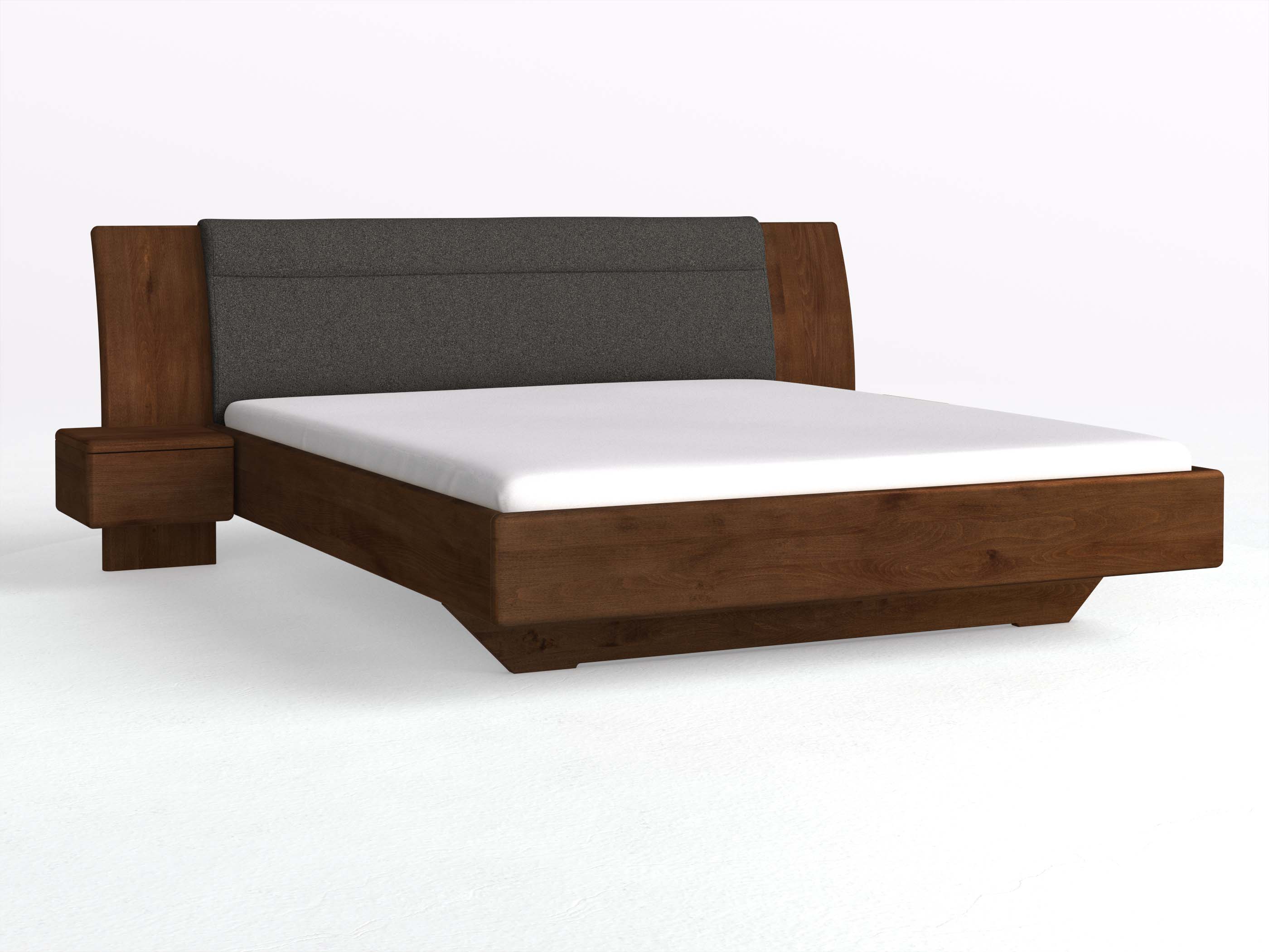 Buchenbett Dunkel „Nadja“ in 180 x 200 cm, mit zwei Nachttischen (40cm) Griff: Grifflos und Stoff: Schafschurwolle „Loden“ in der Farbe Anthrazit