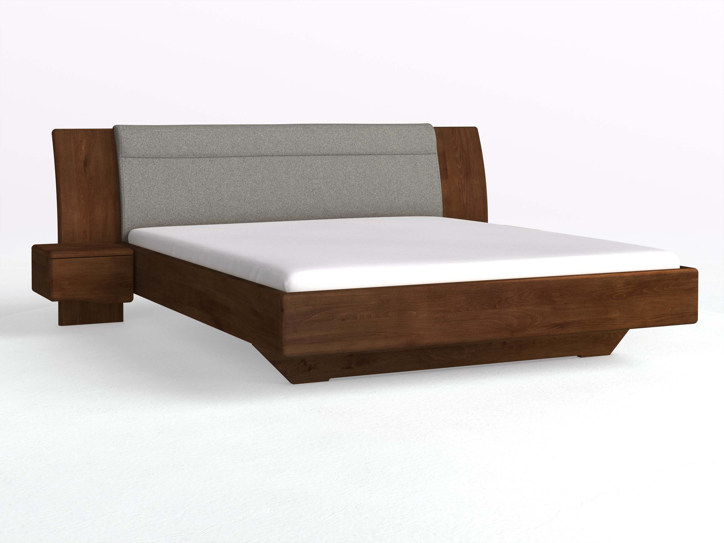 Buchenbett Dunkel „Nadja“ in 180 x 200 cm, mit zwei Nachttischen (40cm) Griff: Welle und Stoff: Schafschurwolle „Fischgrät“ in der Farbe Grauer Mohn