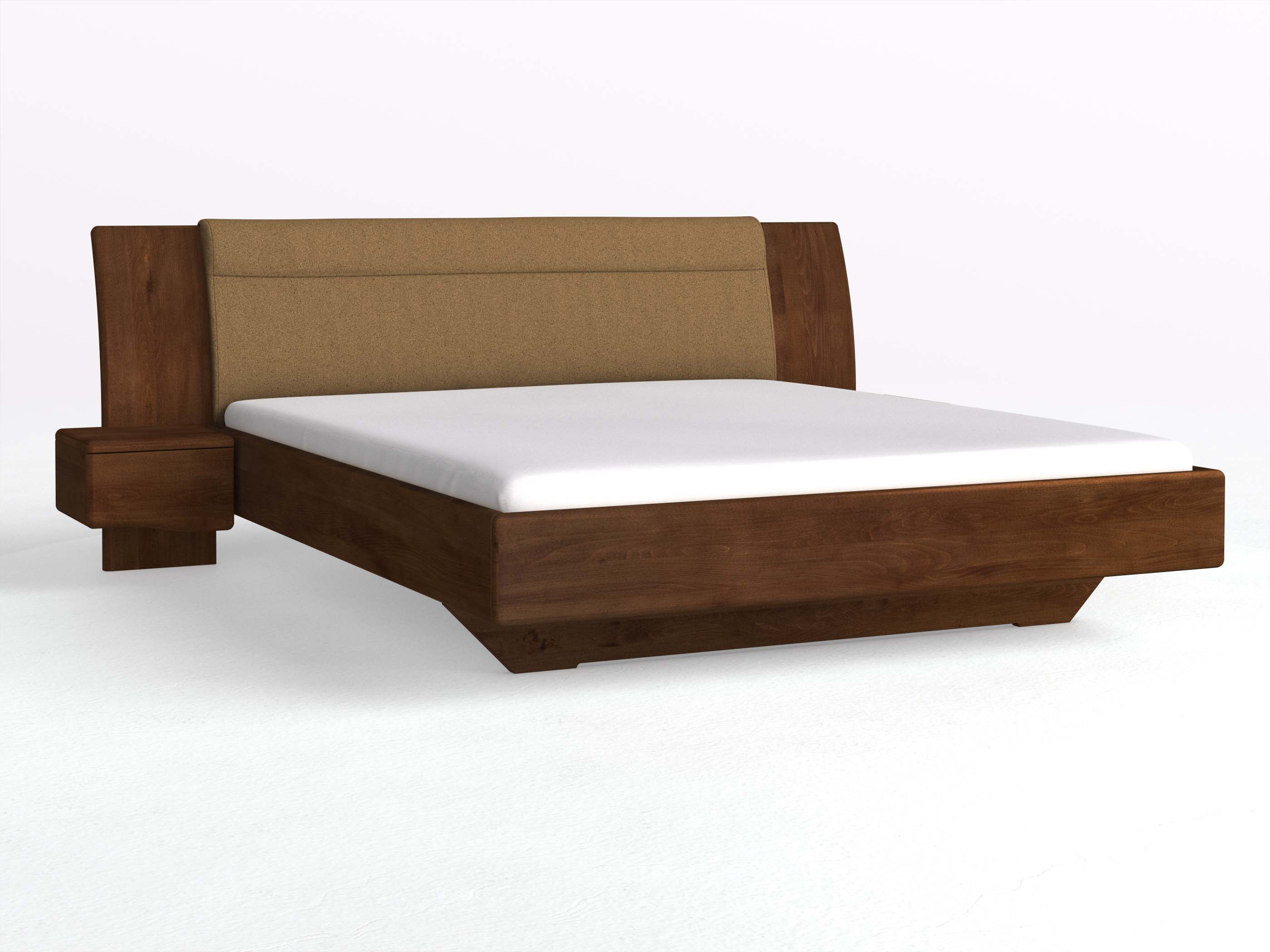 Buchenbett Dunkel „Nadja“ in 180 x 200 cm, mit zwei Nachttischen (40cm) Griff: Welle und Stoff: Schafschurwolle „Loden“ in der Farbe Zimtrinde