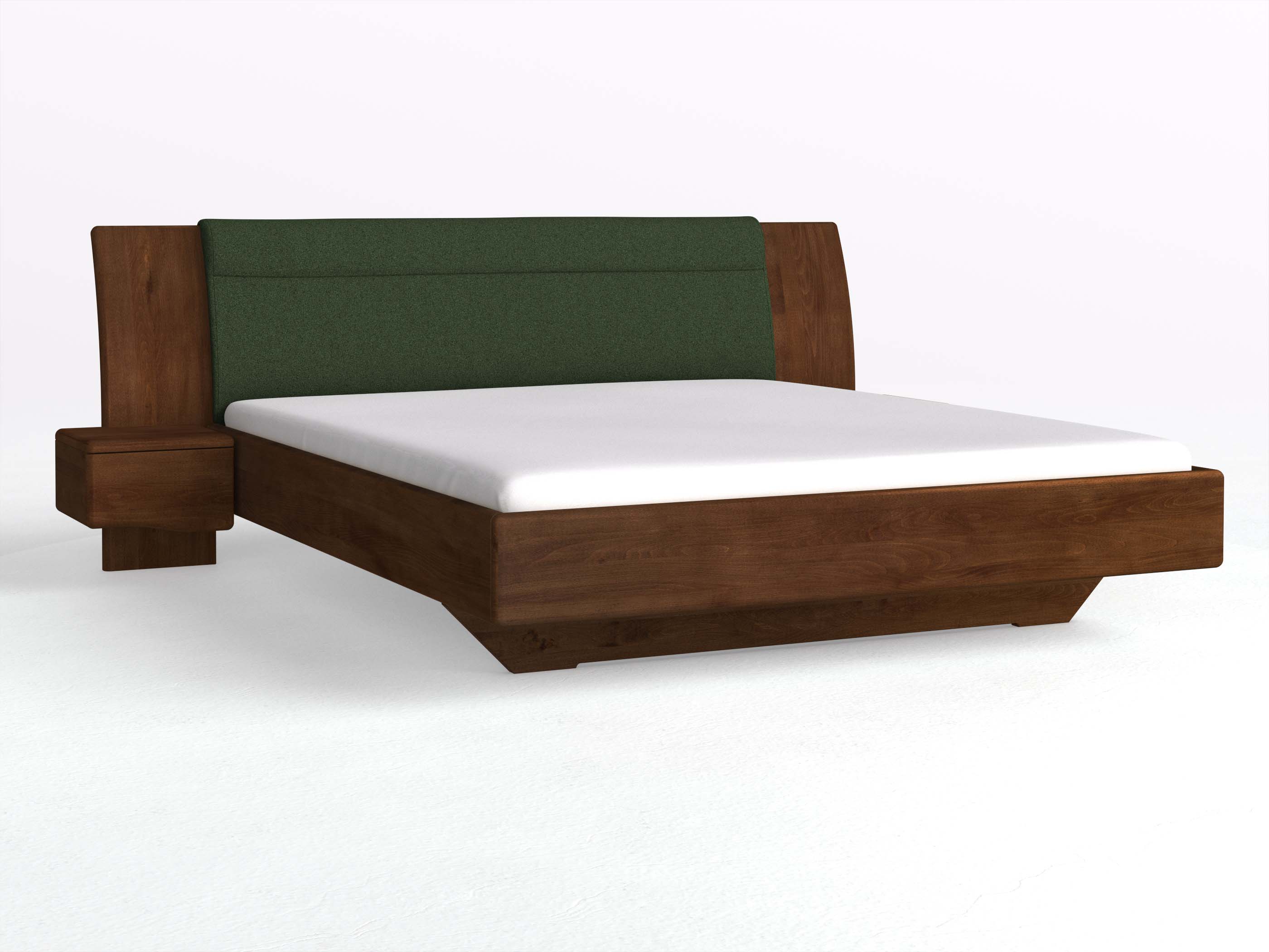 Buchenbett Dunkel „Nadja“ in 180 x 200 cm, mit zwei Nachttischen (40cm) Griff: Welle und Stoff: Schafschurwolle „Loden“ in der Farbe Tannenwald