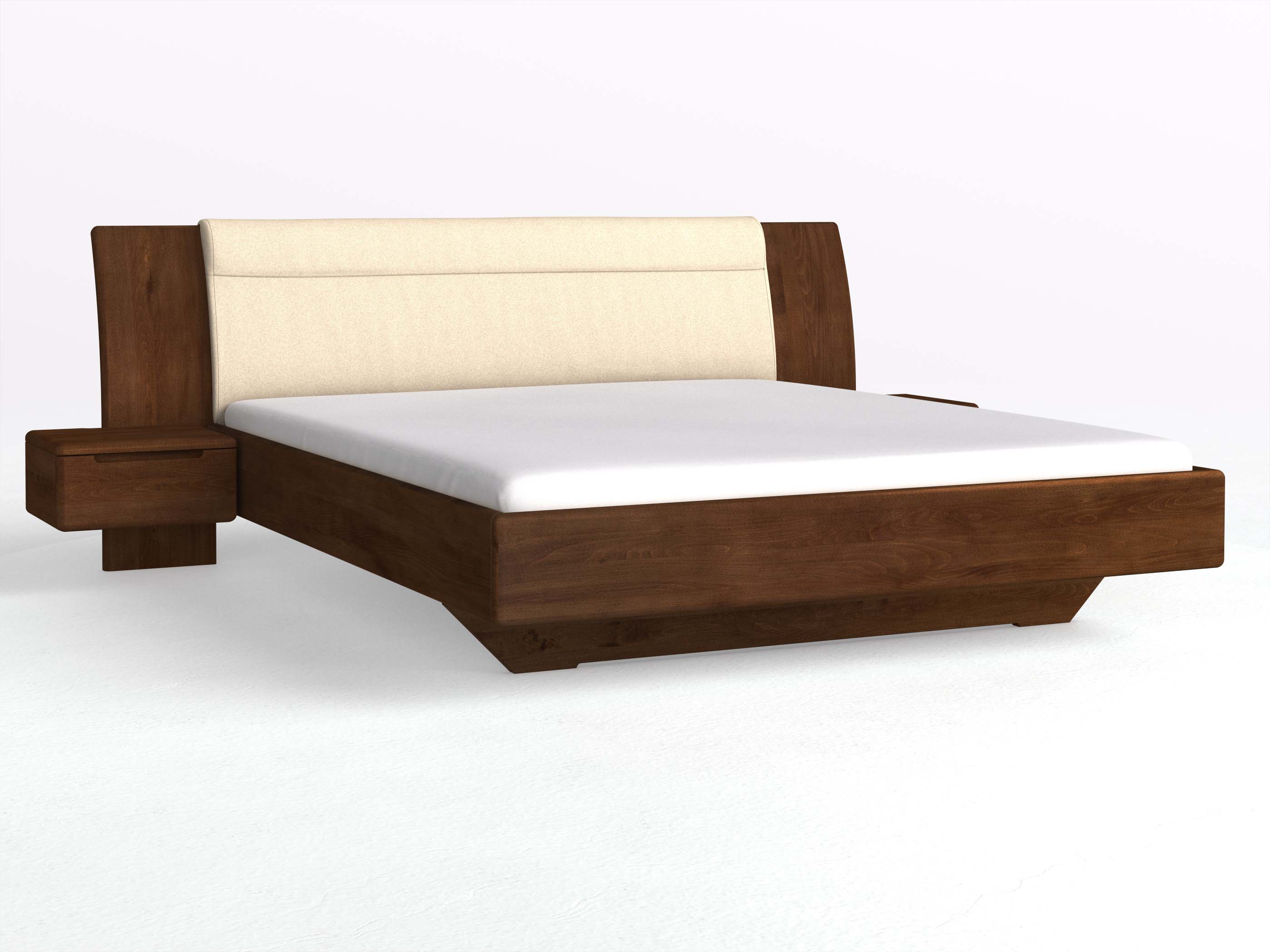 Buchenbett Dunkel „Nadja“ in 180 x 200 cm, mit zwei Nachttischen (50cm) Griff: Griffleiste B und Stoff: Schafschurwolle „Fischgrät“ in der Farbe Holunderblüte