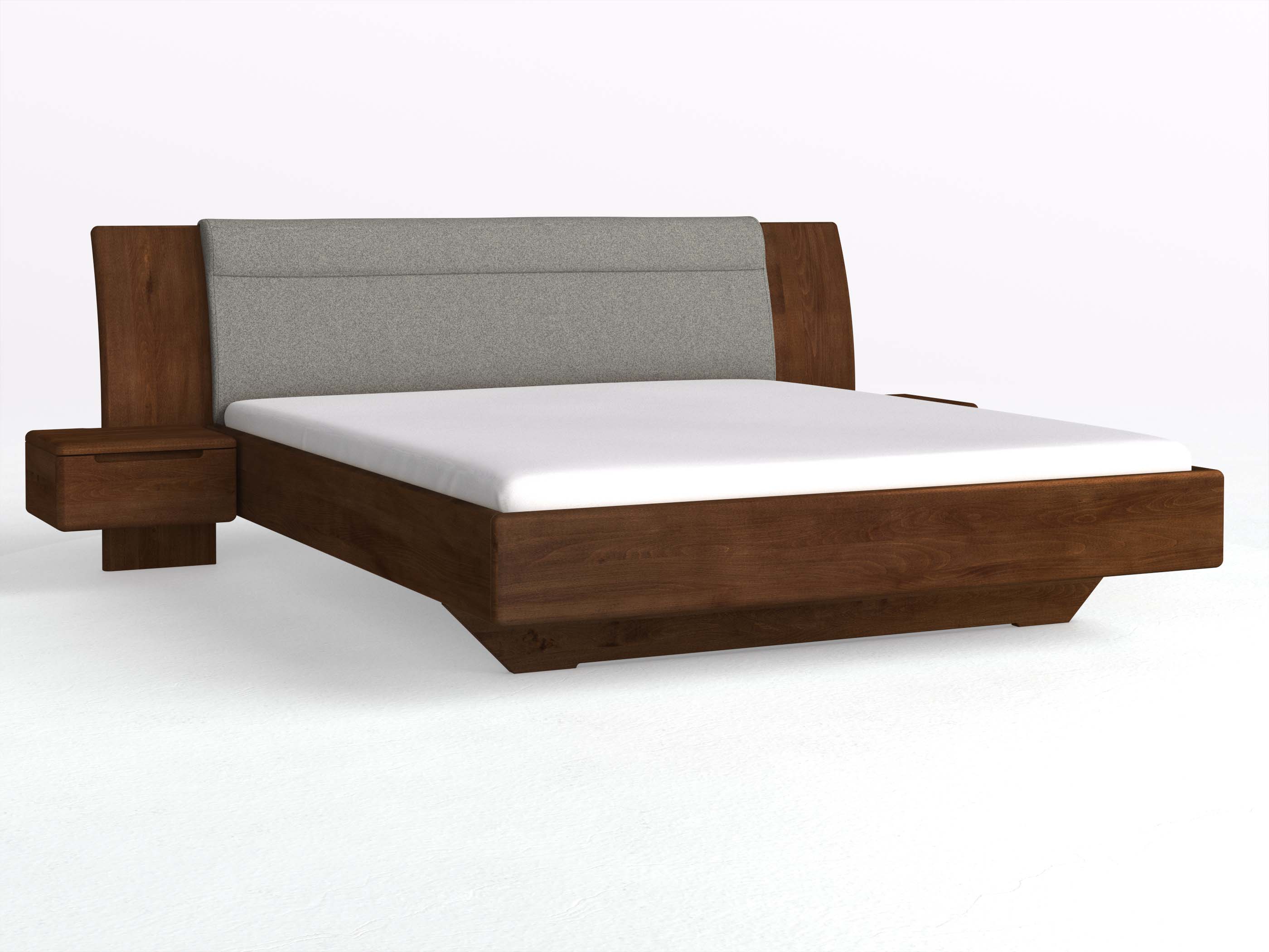 Buchenbett Dunkel „Nadja“ in 180 x 200 cm, mit zwei Nachttischen (50cm) Griff: Griffleiste B und Stoff: Schafschurwolle „Fischgrät“ in der Farbe Grauer Mohn