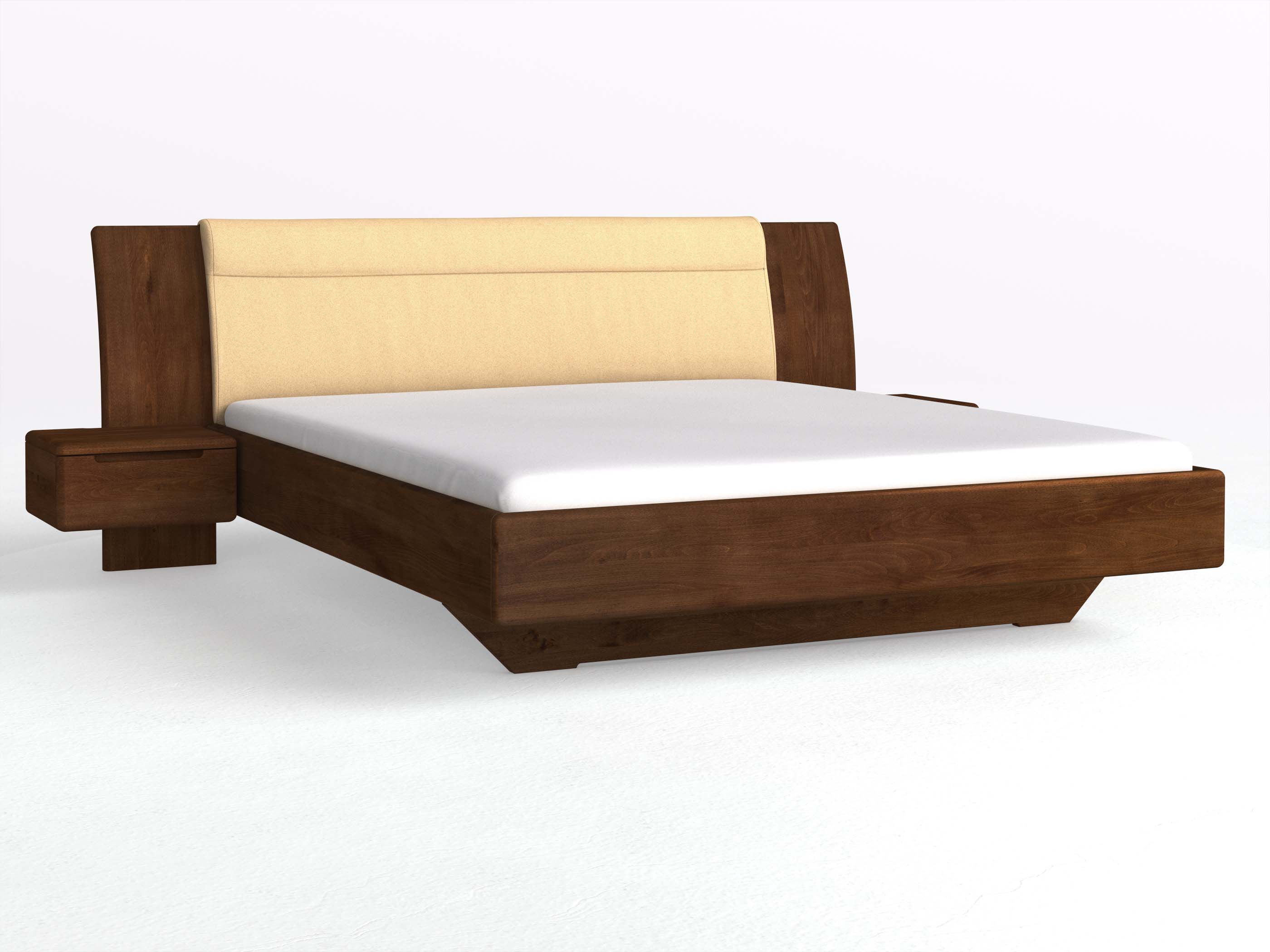 Buchenbett Dunkel „Nadja“ in 180 x 200 cm, mit zwei Nachttischen (50cm) Griff: Griffleiste B und Stoff: Schafschurwolle „Fischgrät“ in der Farbe Goldhirse