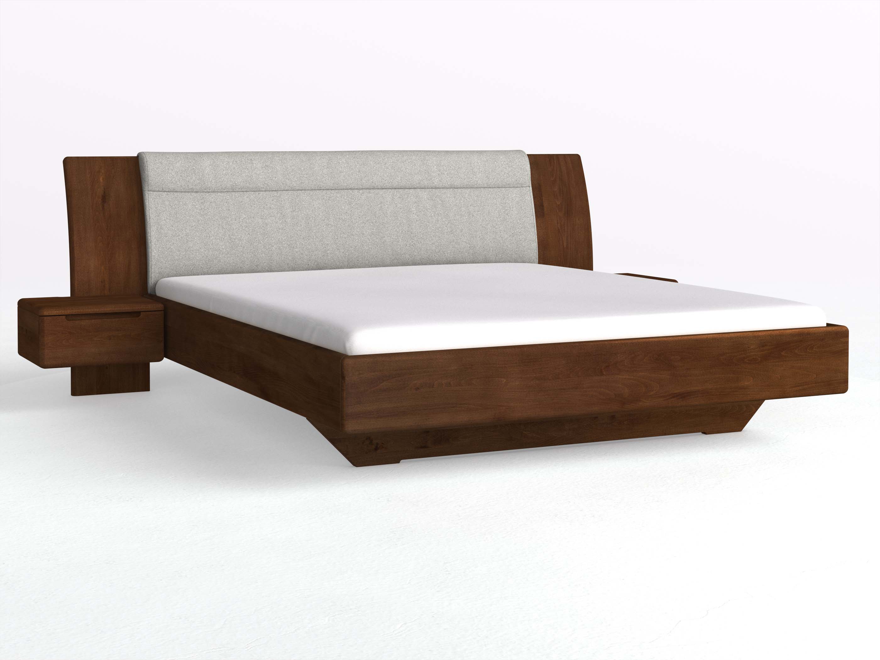 Buchenbett Dunkel „Nadja“ in 180 x 200 cm, mit zwei Nachttischen (50cm) Griff: Griffleiste B und Stoff: Schafschurwolle „Loden“ in der Farbe Nebelgrau
