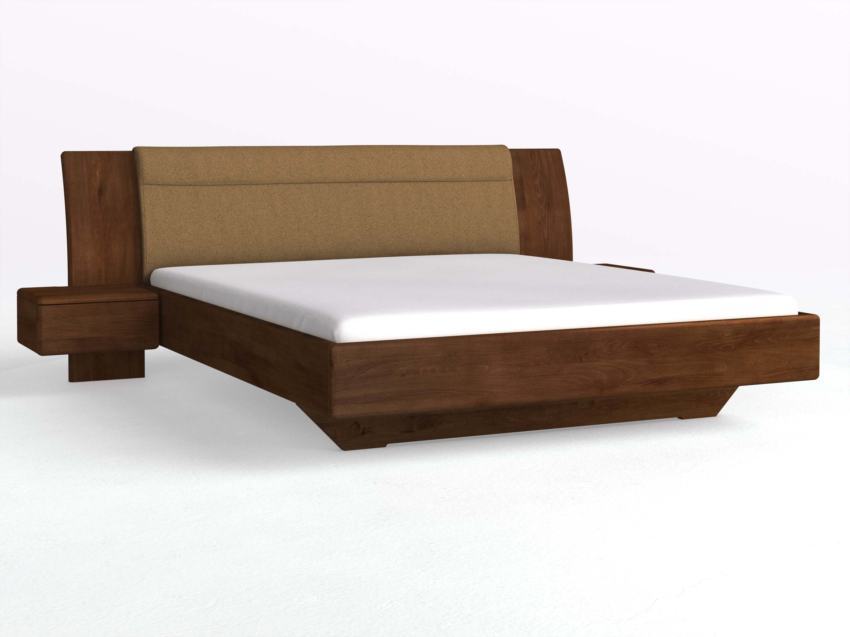 Buchenbett Dunkel „Nadja“ in 180 x 200 cm, mit zwei Nachttischen (50cm) Griff: Grifflos und Stoff: Schafschurwolle „Loden“ in der Farbe Zimtrinde