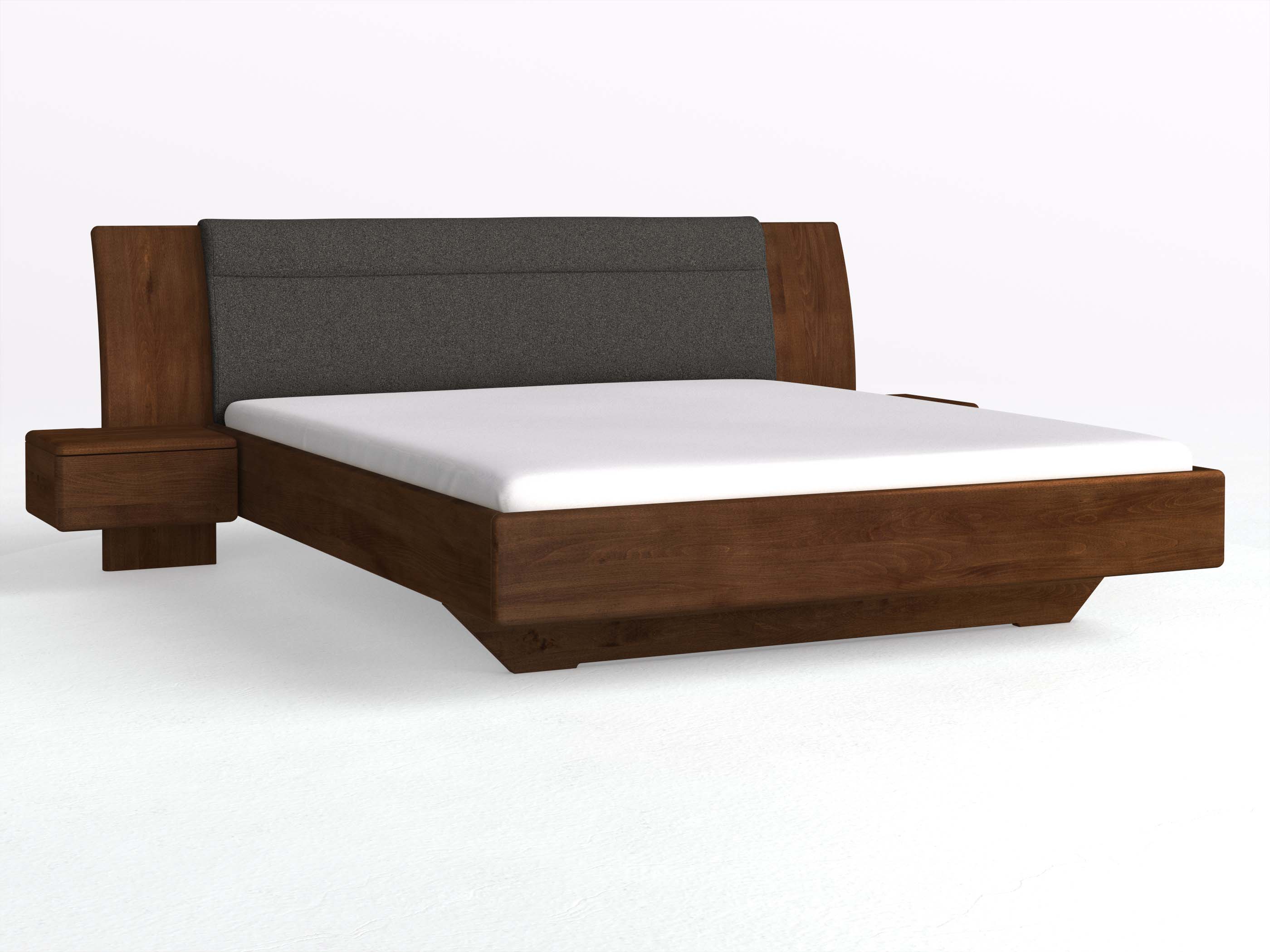 Buchenbett Dunkel „Nadja“ in 180 x 200 cm, mit zwei Nachttischen (50cm) Griff: Grifflos und Stoff: Schafschurwolle „Loden“ in der Farbe Anthrazit