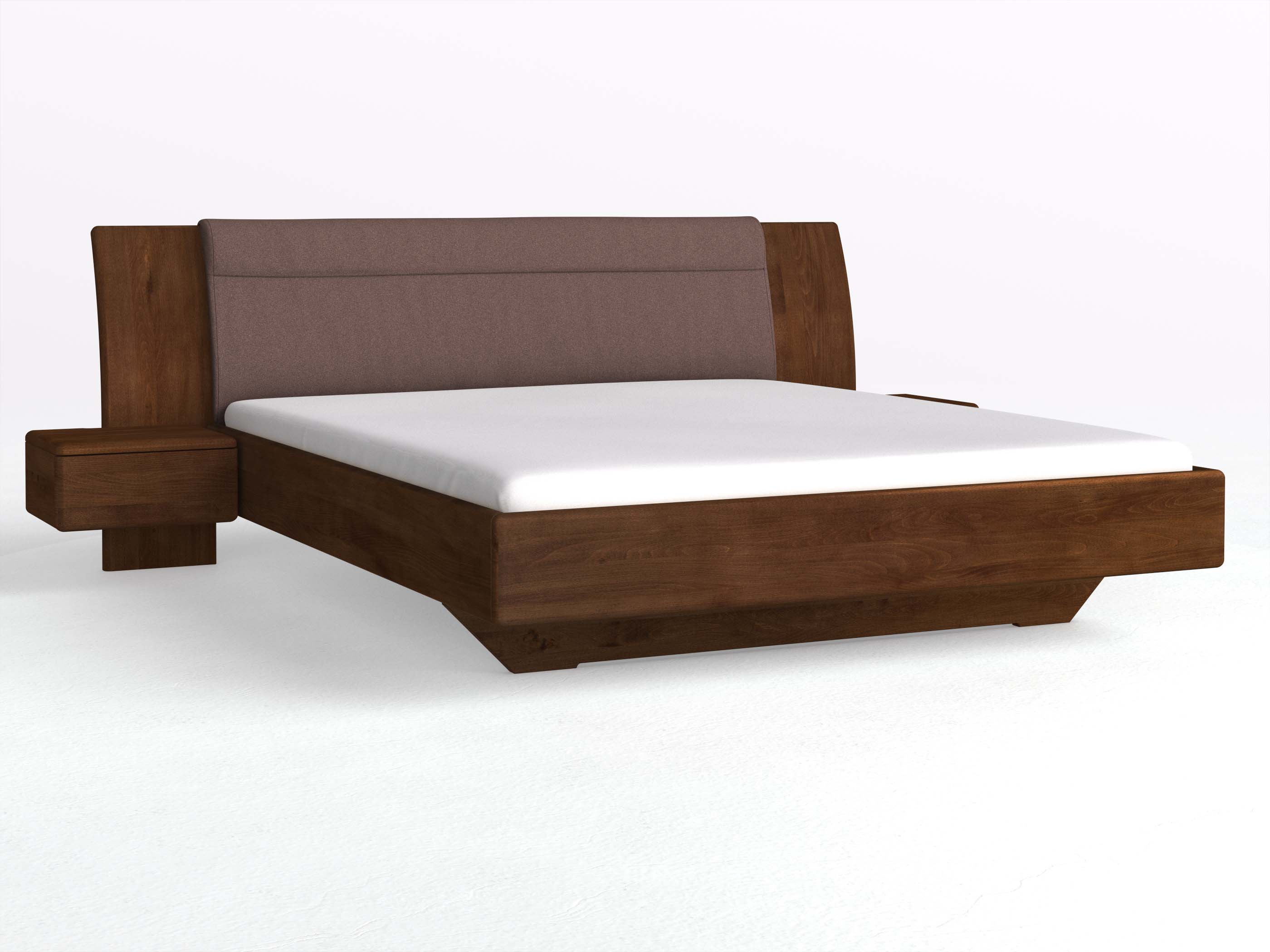 Buchenbett Dunkel „Nadja“ in 180 x 200 cm, mit zwei Nachttischen (50cm) Griff: Grifflos und Stoff: Schafschurwolle „Loden“ in der Farbe Abenddämmerung