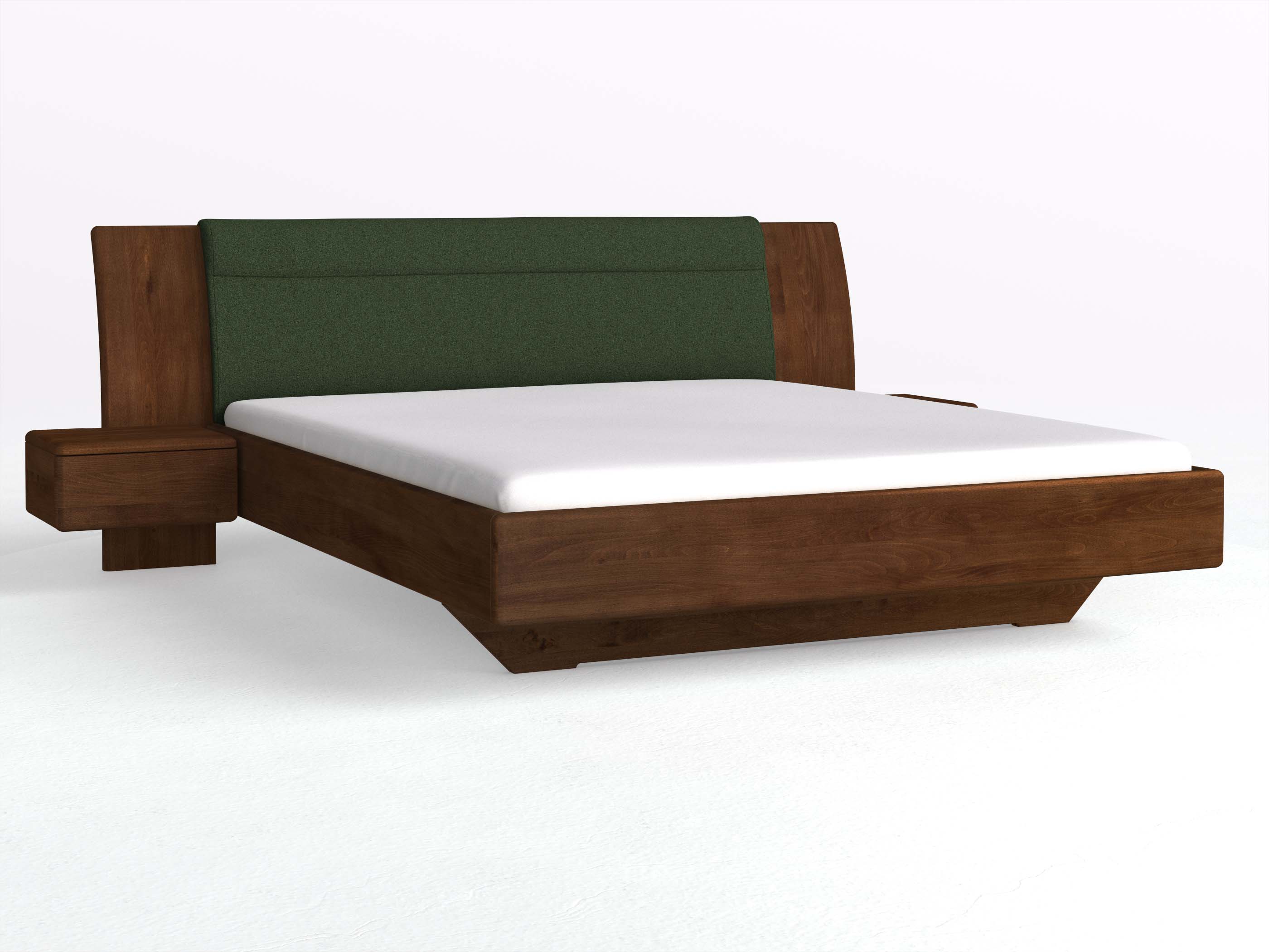 Buchenbett Dunkel „Nadja“ in 180 x 200 cm, mit zwei Nachttischen (50cm) Griff: Grifflos und Stoff: Schafschurwolle „Loden“ in der Farbe Tannenwald