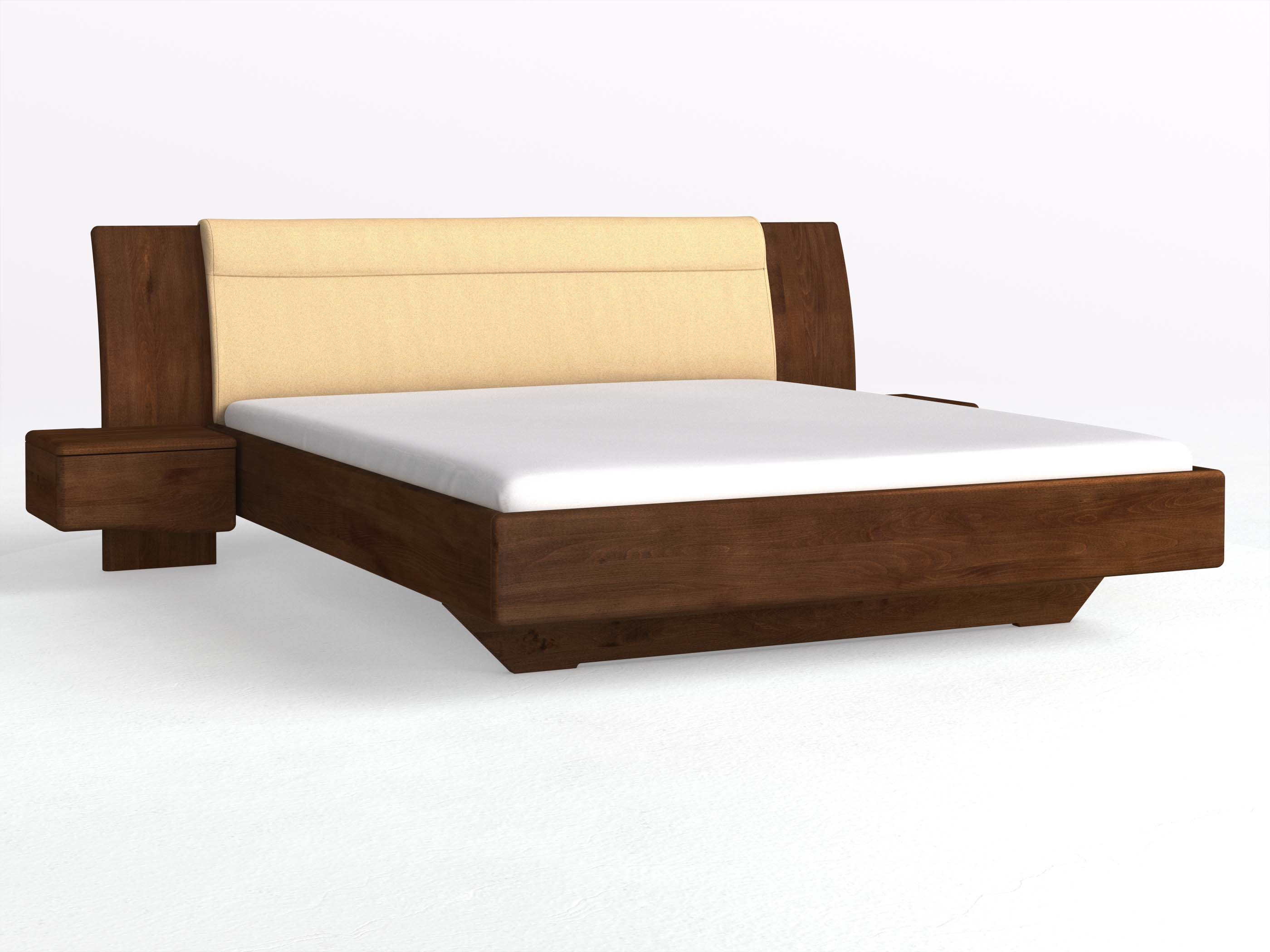 Buchenbett Dunkel „Nadja“ in 180 x 200 cm, mit zwei Nachttischen (50cm) Griff: Welle und Stoff: Schafschurwolle „Fischgrät“ in der Farbe Goldhirse