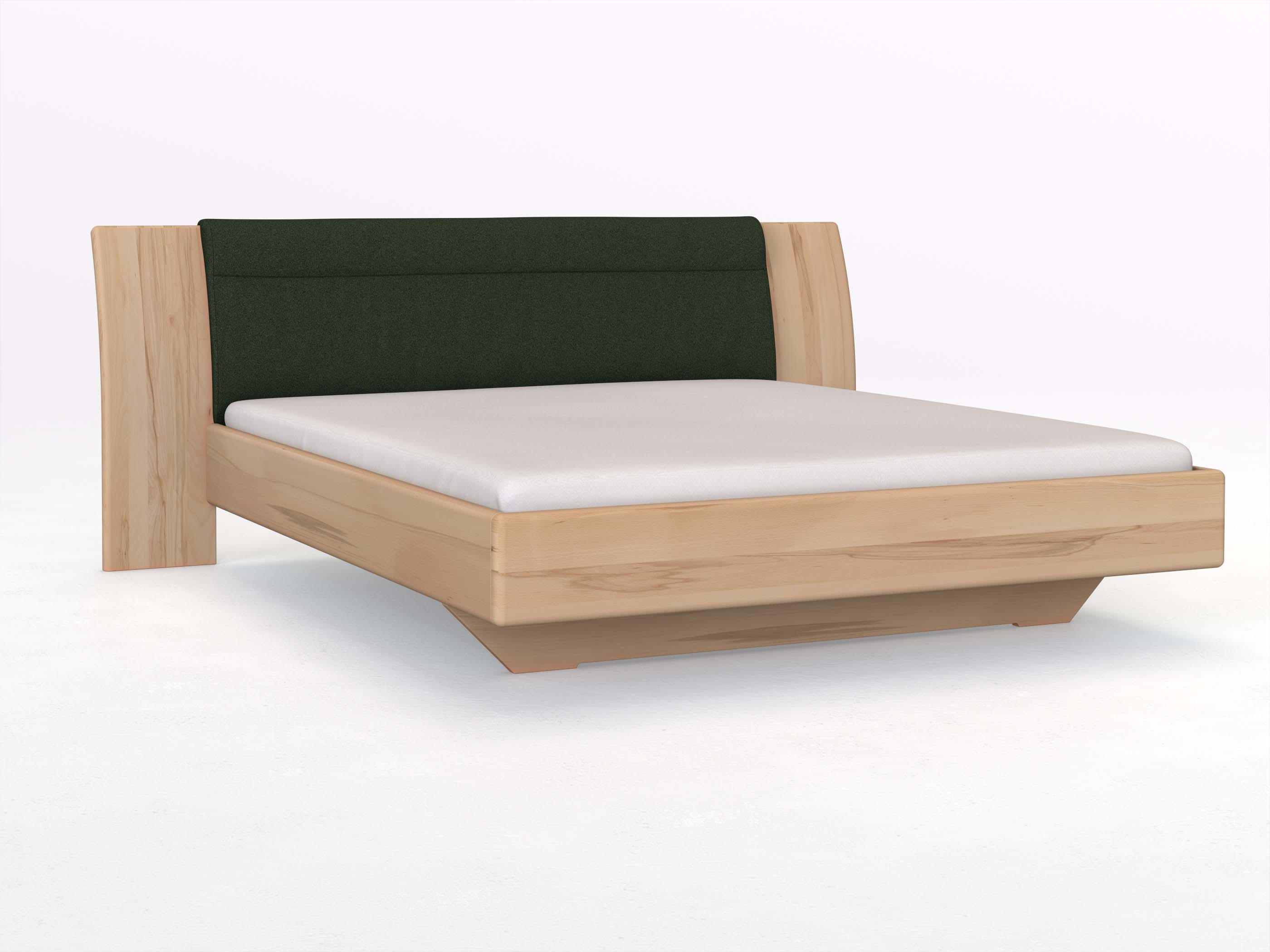 Buchenbett „Nadja“ in 180 x 200 cm, mit Stoff: Schafschurwolle „Loden“ in der Farbe Tannenwald