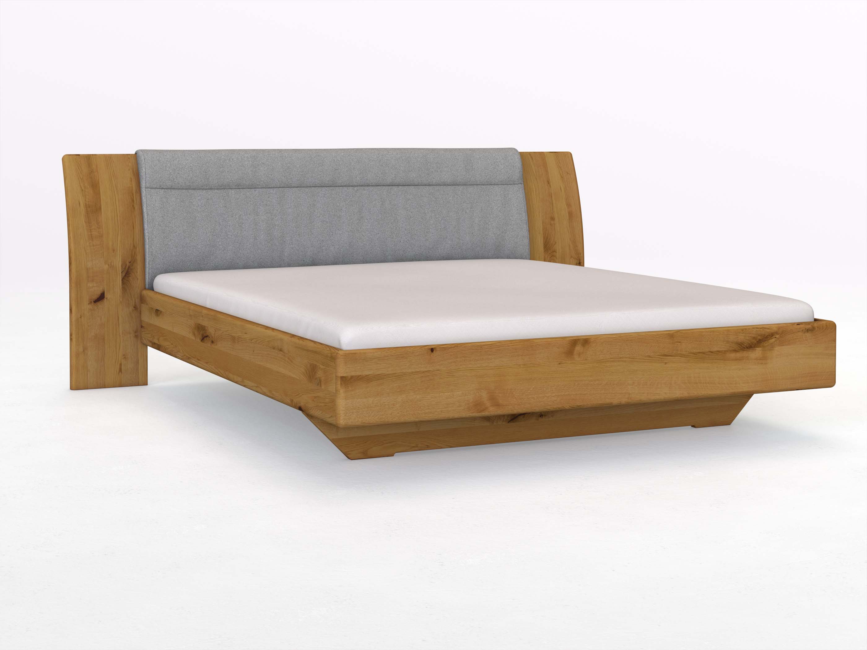 Wildeichenbett „Nadja“ in 180 x 200 cm, mit Stoff: Schafschurwolle „Loden“ in der Farbe Nebelgrau
