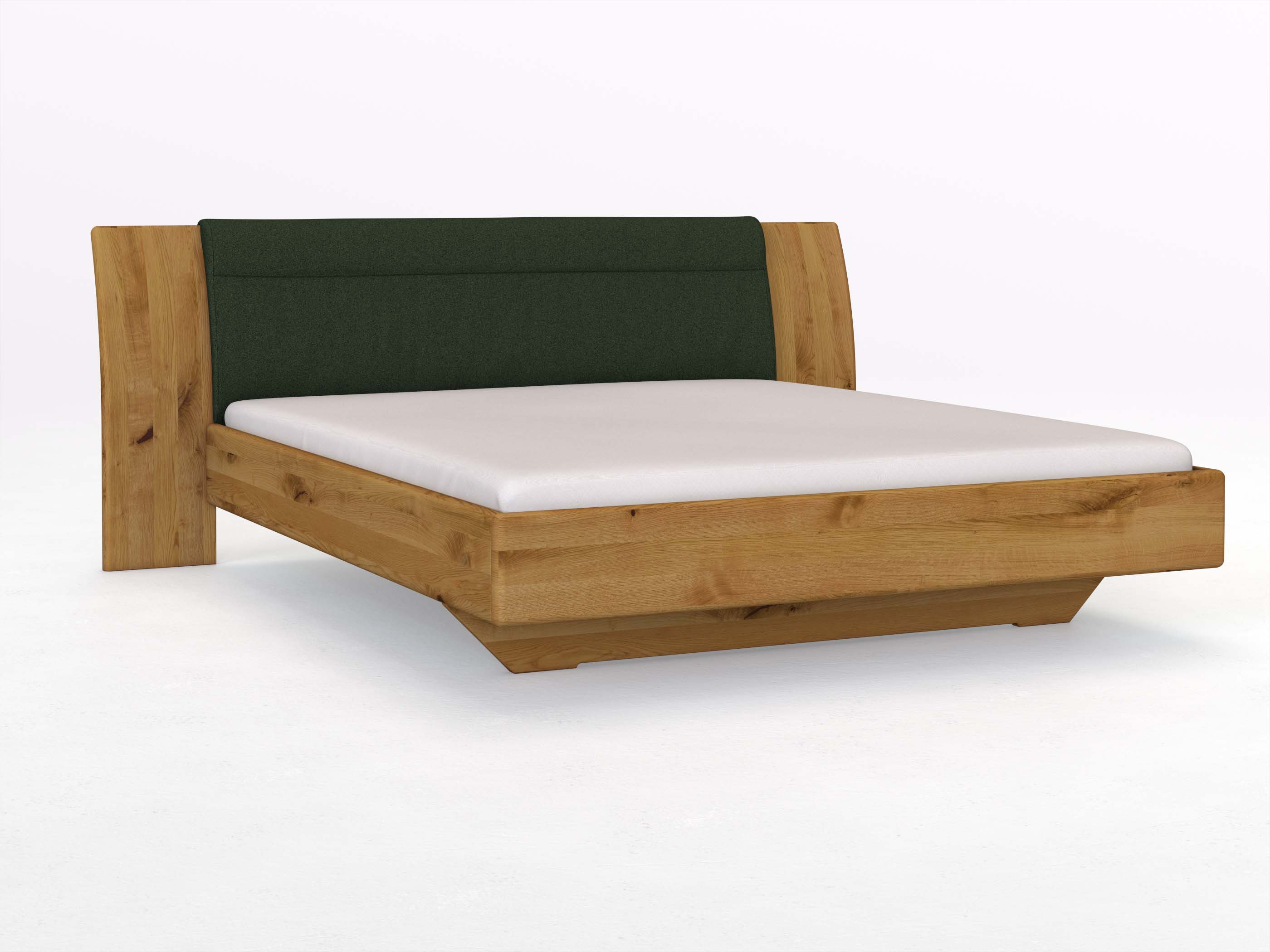 Wildeichenbett „Nadja“ in 180 x 200 cm, mit Stoff: Schafschurwolle „Loden“ in der Farbe Tannenwald