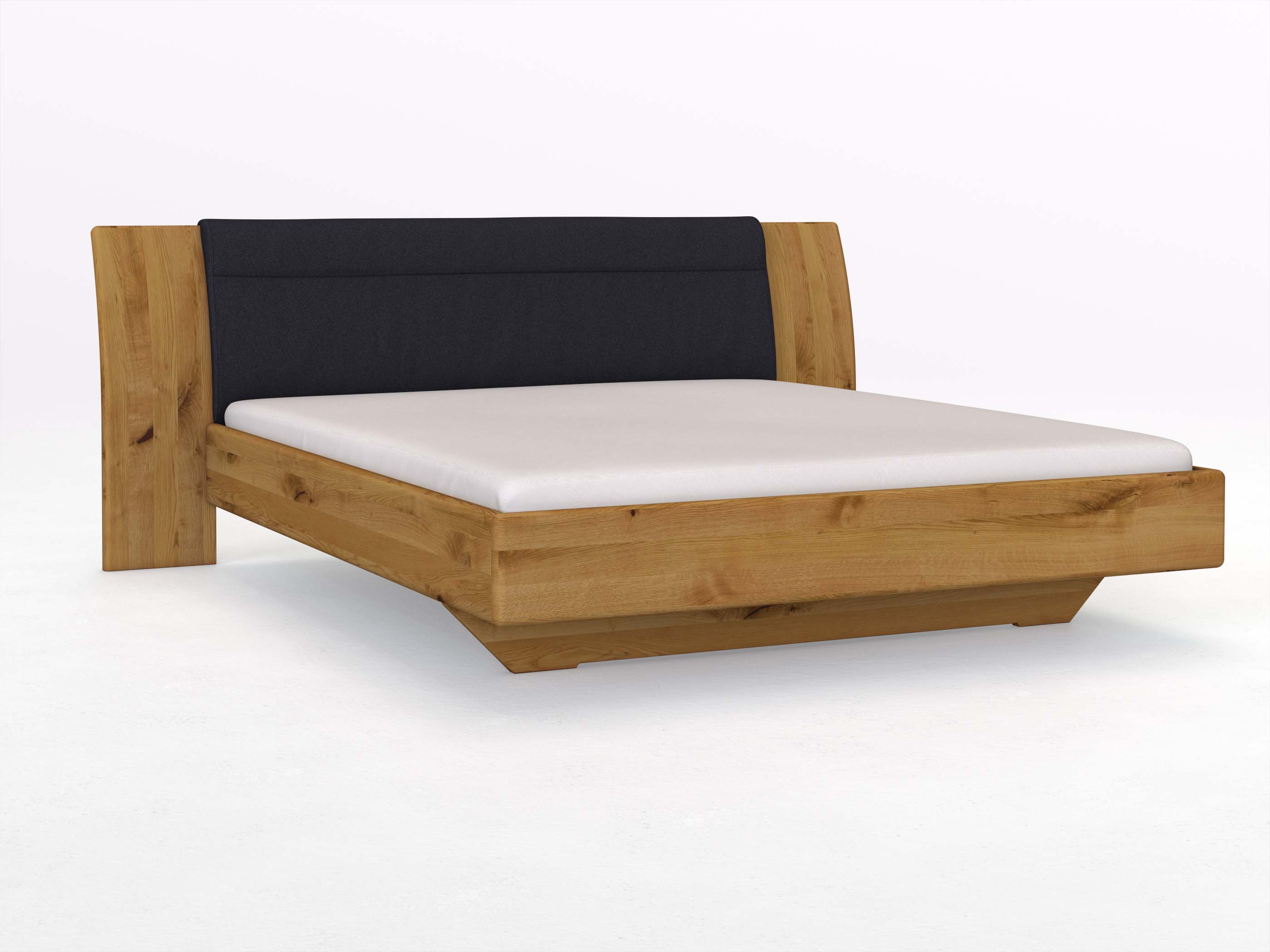 Wildeichenbett „Nadja“ in 180 x 200 cm, mit Stoff: Schafschurwolle „Loden“ in der Farbe Nachtblau