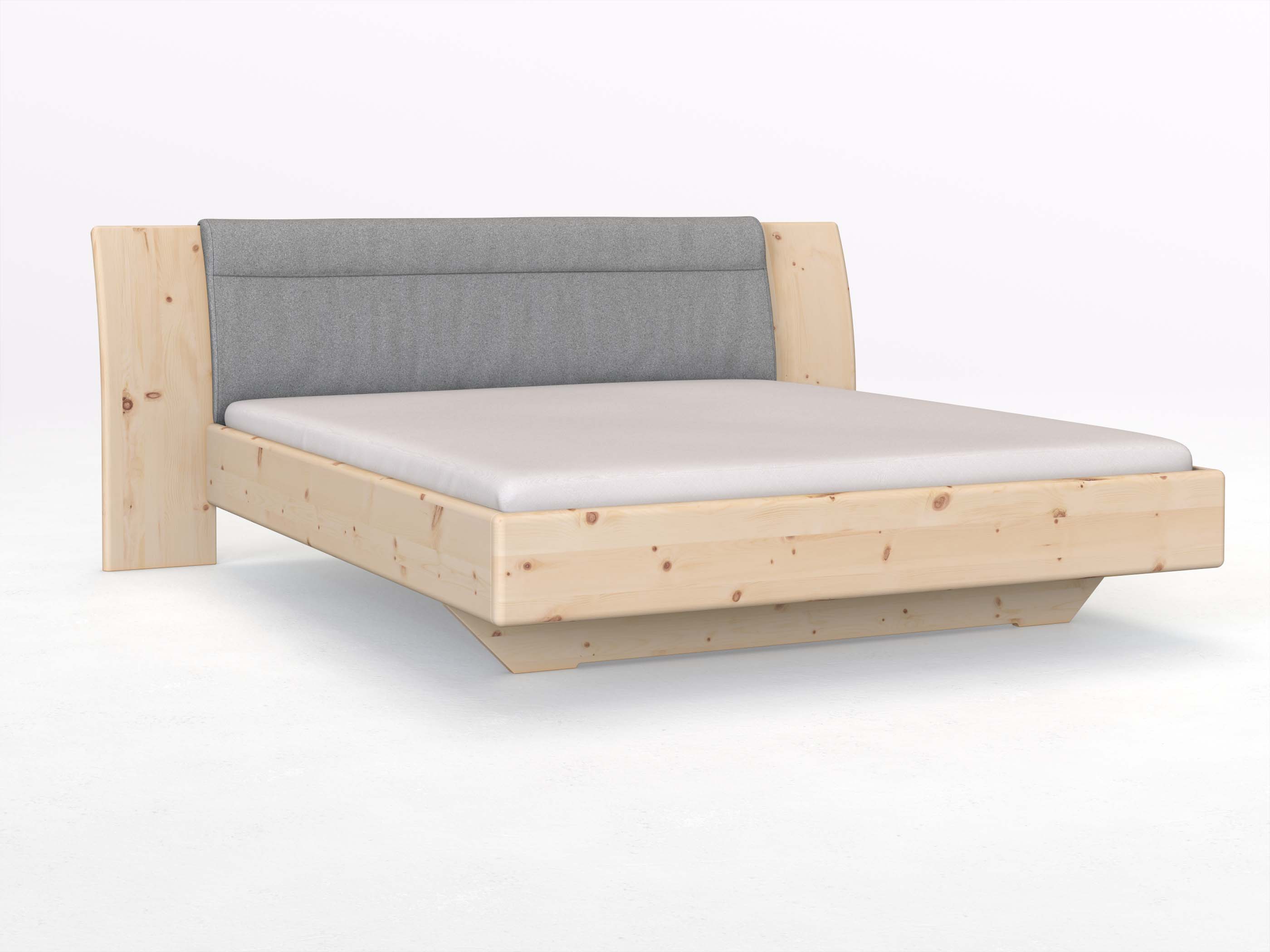 Zirbenbett „Nadja“ in 180 x 200 cm, mit Stoff: Schafschurwolle „Loden“ in der Farbe Nebelgrau