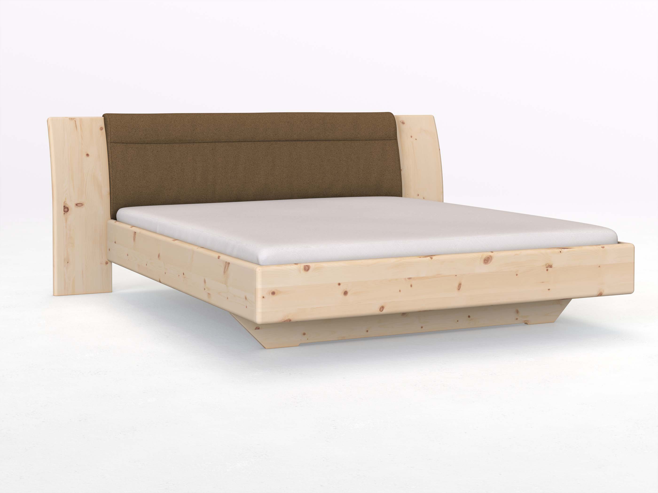 Zirbenbett „Nadja“ in 180 x 200 cm, mit Stoff: Schafschurwolle „Loden“ in der Farbe Zimtrinde
