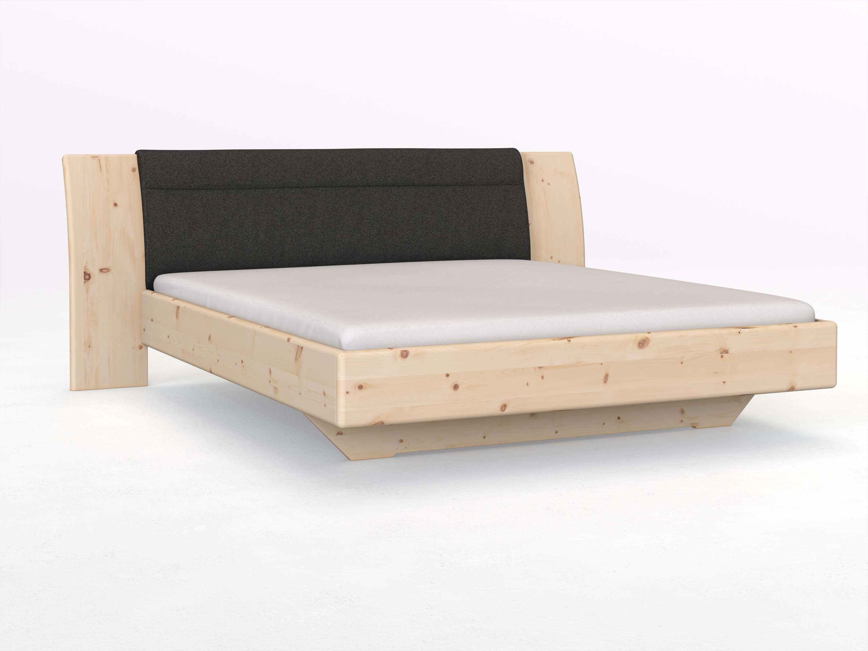 Zirbenbett „Nadja“ in 180 x 200 cm, mit Stoff: Schafschurwolle „Loden“ in der Farbe Anthazit
