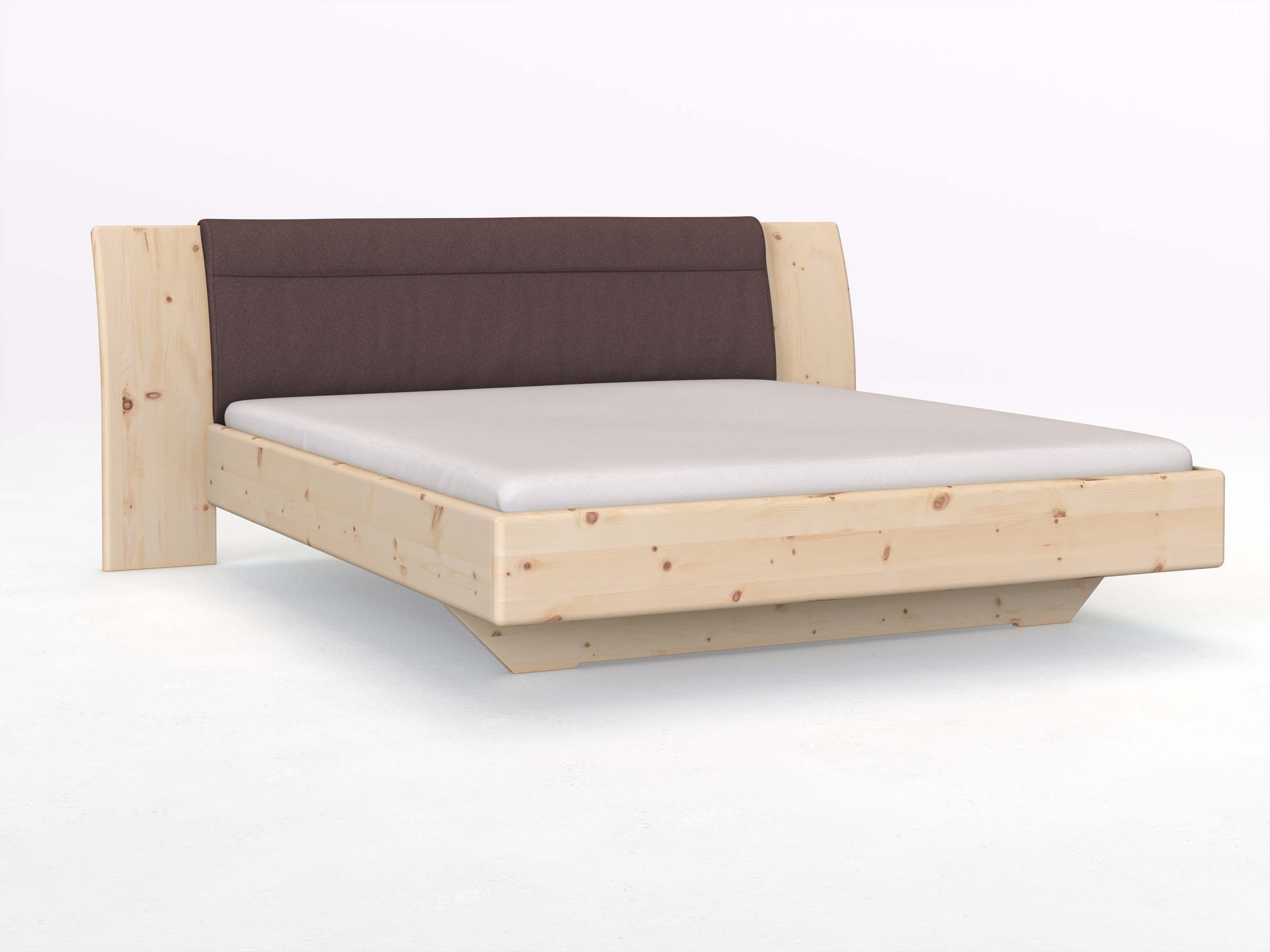 Zirbenbett „Nadja“ in 180 x 200 cm, mit Stoff: Schafschurwolle „Loden“ in der Farbe Abenddämmerung