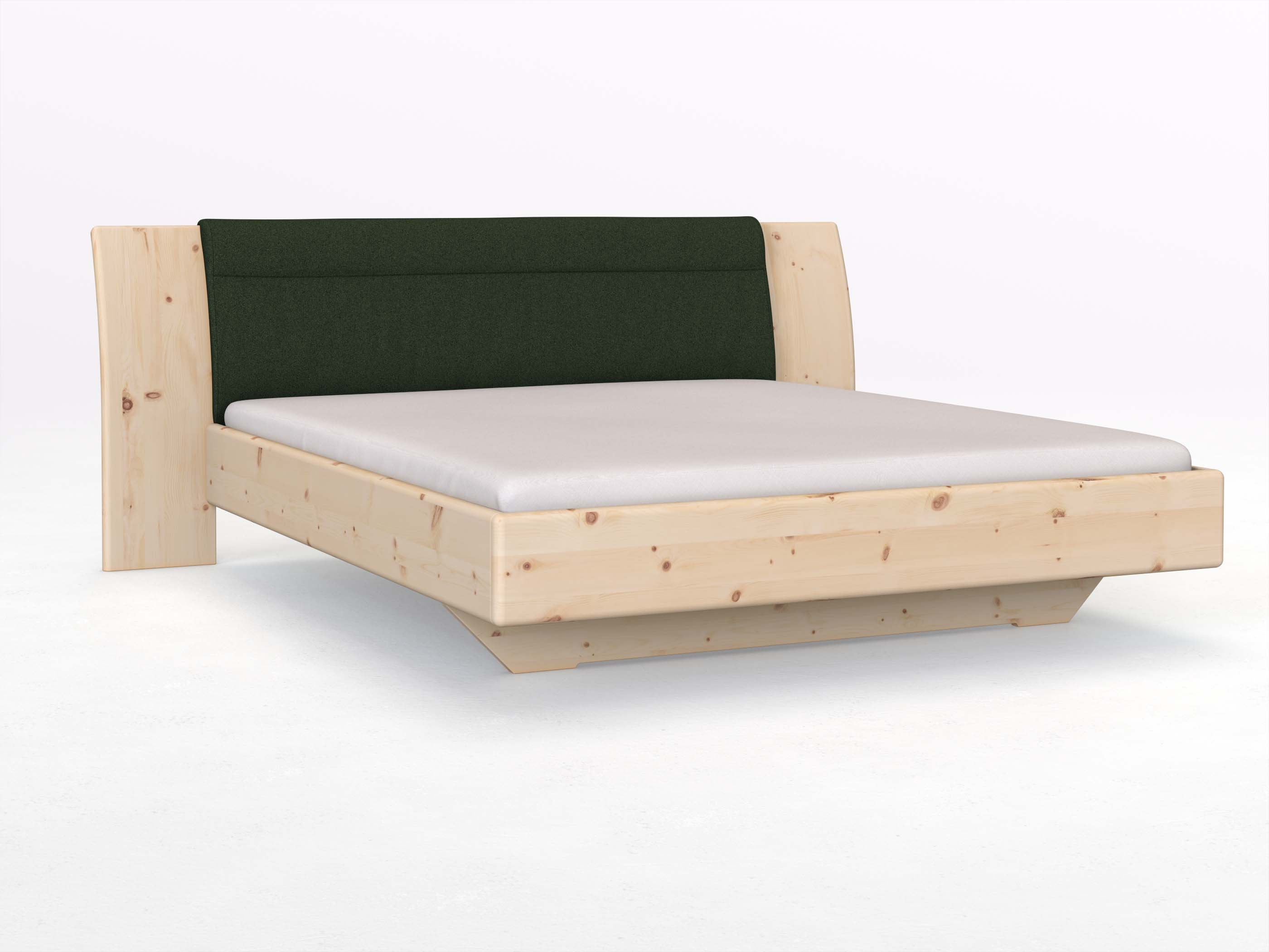 Zirbenbett „Nadja“ in 180 x 200 cm, mit Stoff: Schafschurwolle „Loden“ in der Farbe Tannenwald