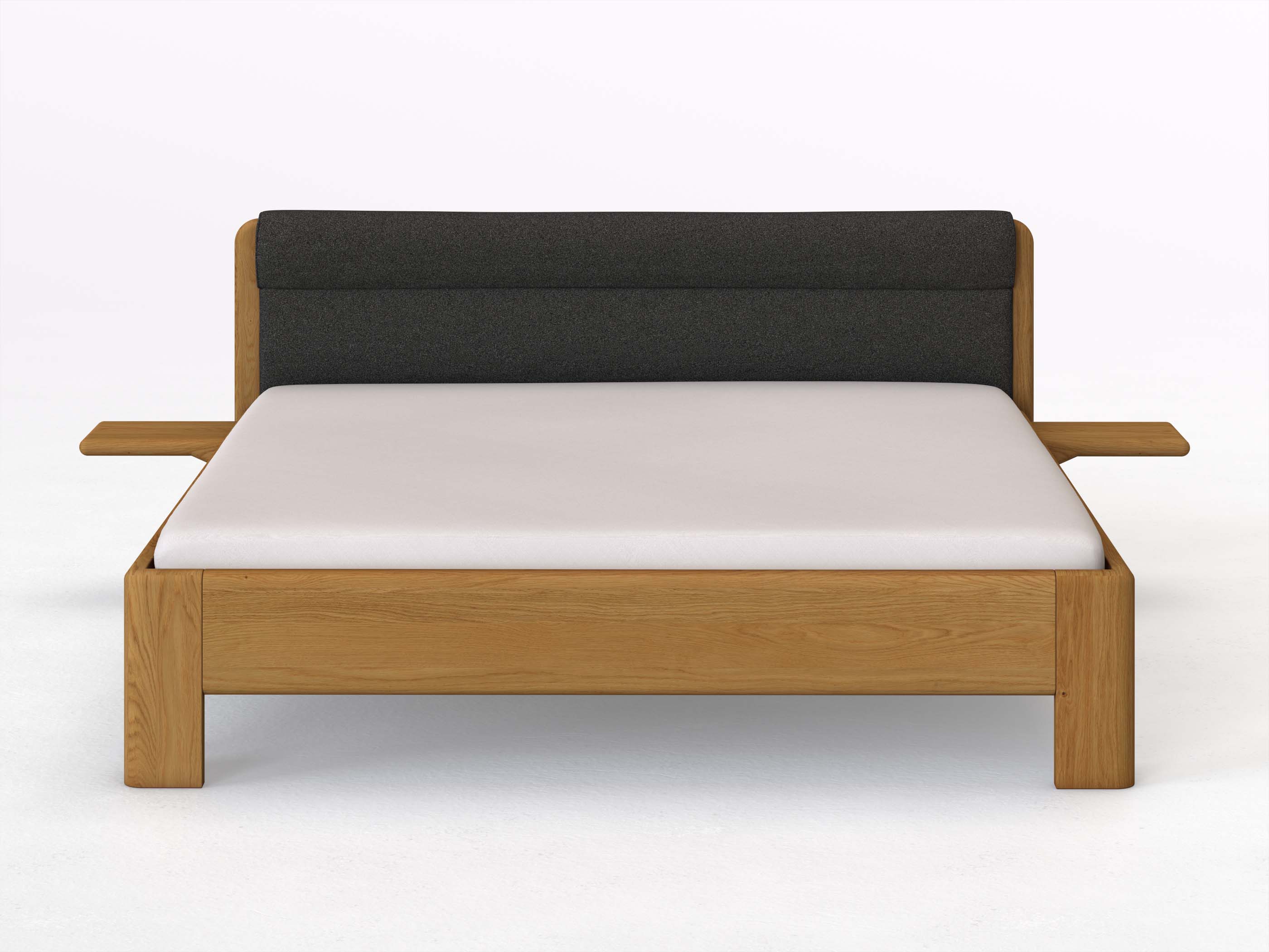 Eichenbett „Niklas“ in 180 x 200 cm mit 2 Ablagen und Stoffkopfteil - Stoff: Schafschurwolle „Loden“ in der Farbe Anthrazit