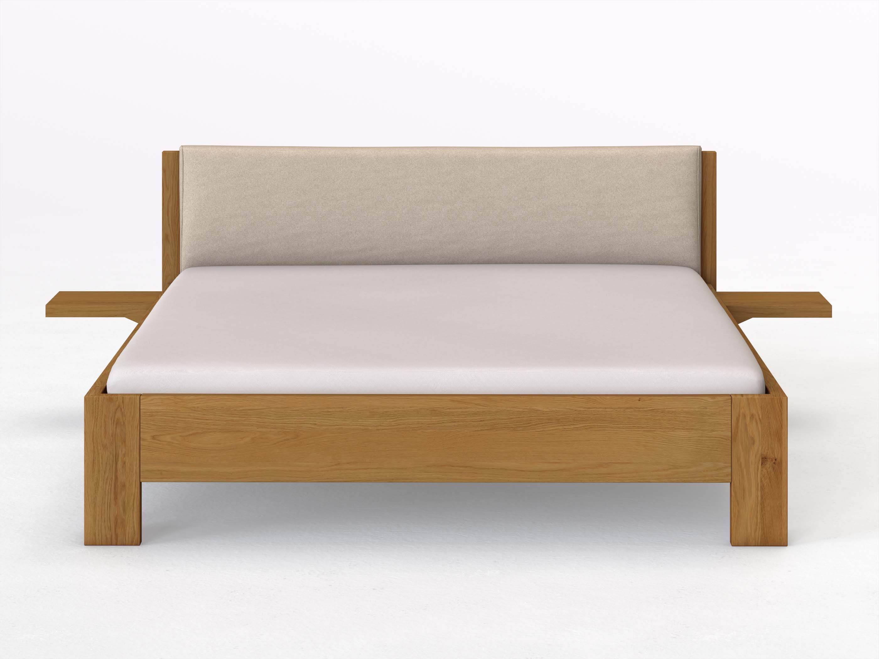 Eichenbett „Alois“ in 180 x 200 cm mit 2 Ablagen und Stoffkopfteil - Stoff: Schafschurwolle „Fischgrät“ in der Farbe Holunderblüte