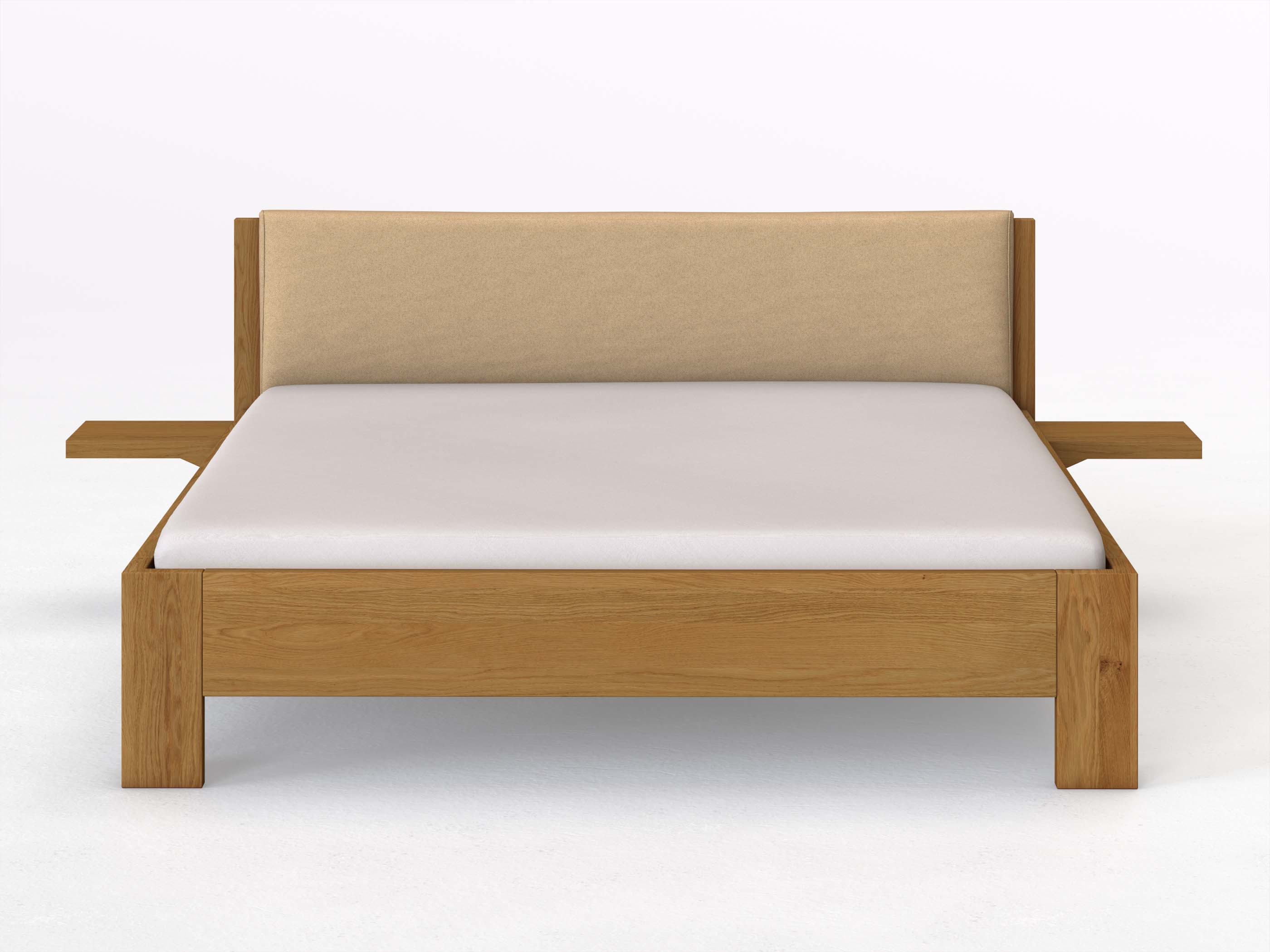 Eichenbett „Alois“ in 180 x 200 cm mit 2 Ablagen und Stoffkopfteil - Stoff: Schafschurwolle „Fischgrät“ in der Farbe Goldhirse