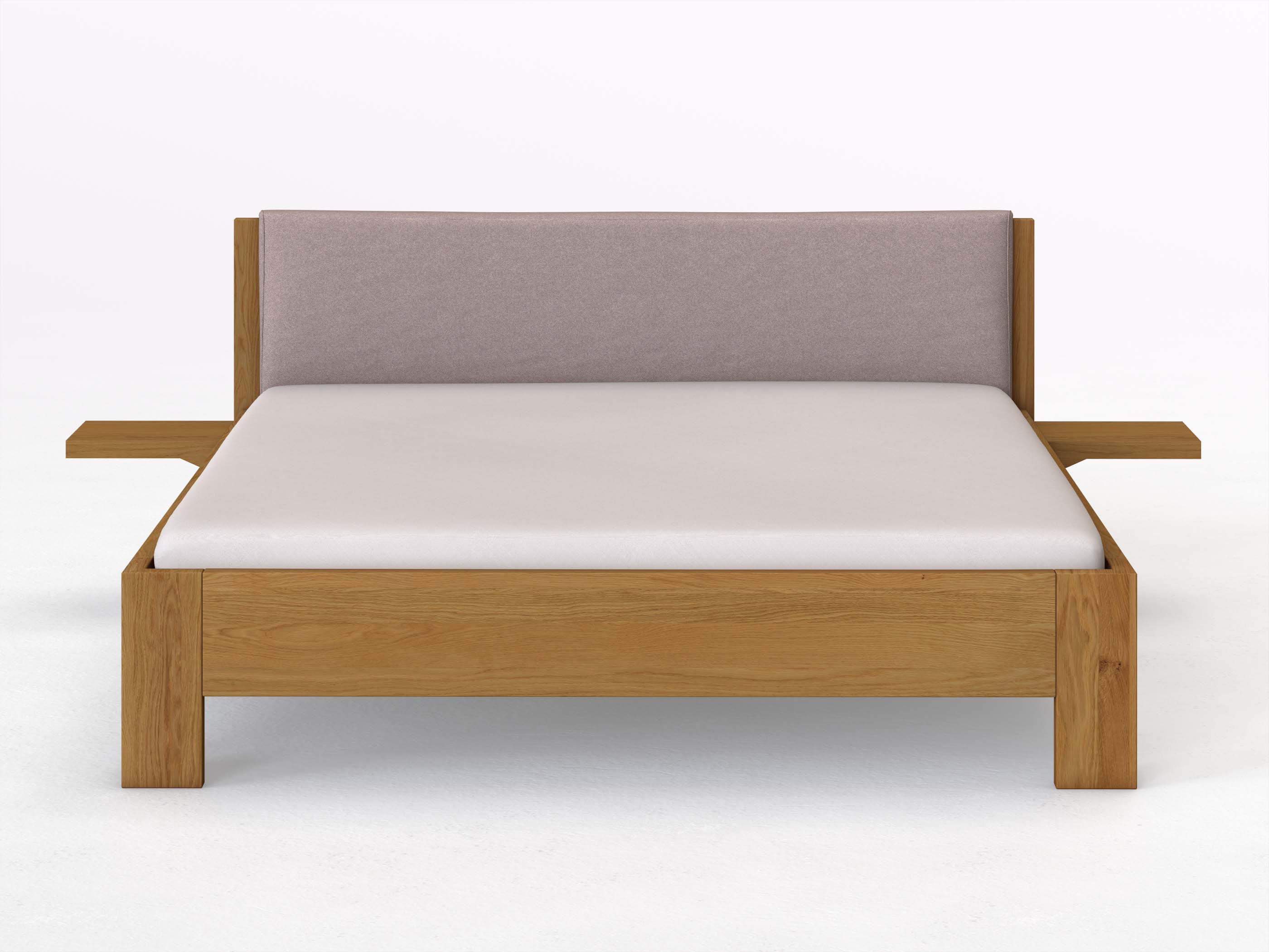 Eichenbett „Alois“ in 180 x 200 cm mit 2 Ablagen und Stoffkopfteil - Stoff: Schafschurwolle „Fischgrät“ in der Farbe Zartflieder