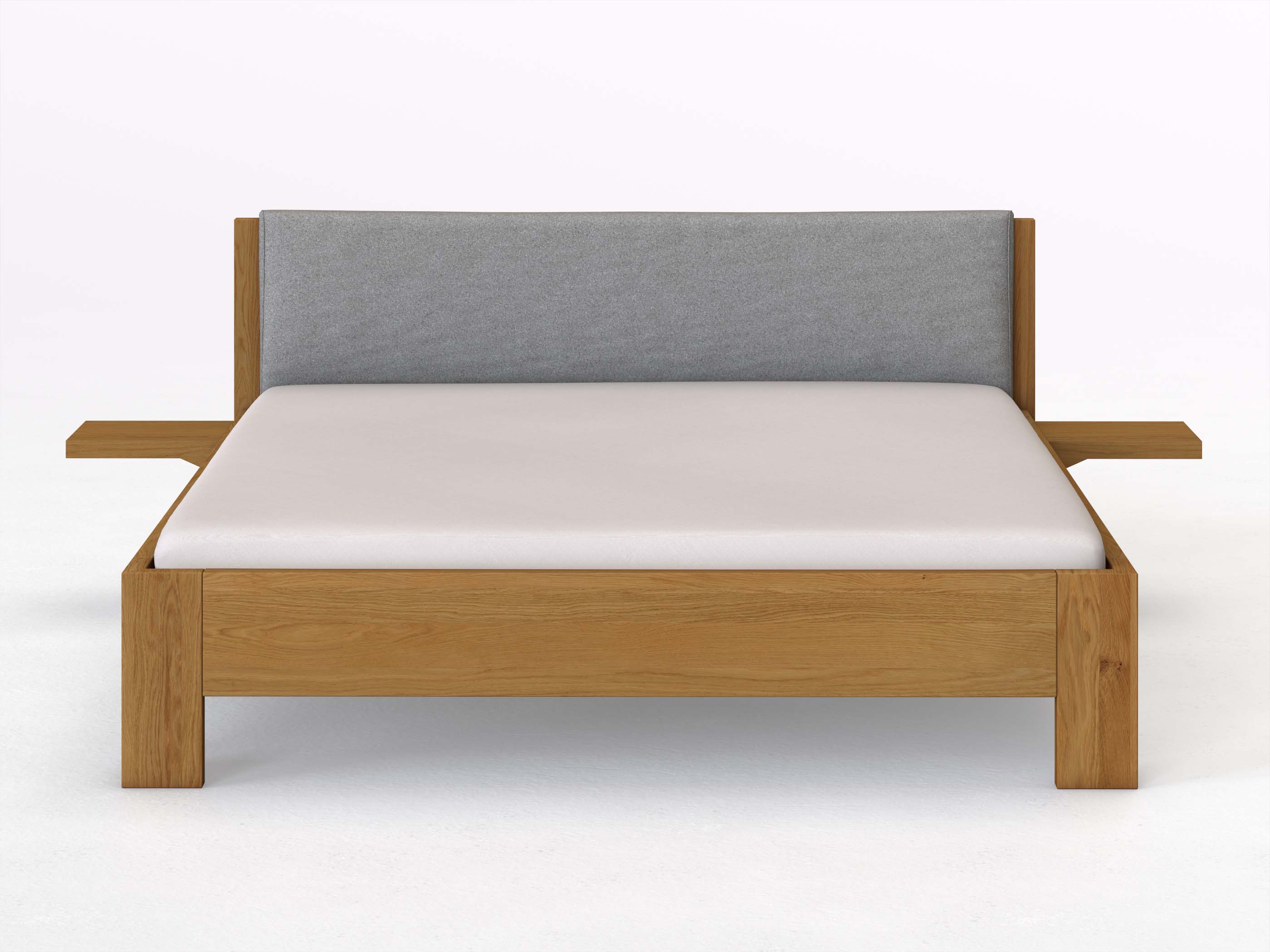 Eichenbett „Alois“ in 180 x 200 cm mit 2 Ablagen und Stoffkopfteil - Stoff: Schafschurwolle „Loden“ in der Farbe Nebelgrau