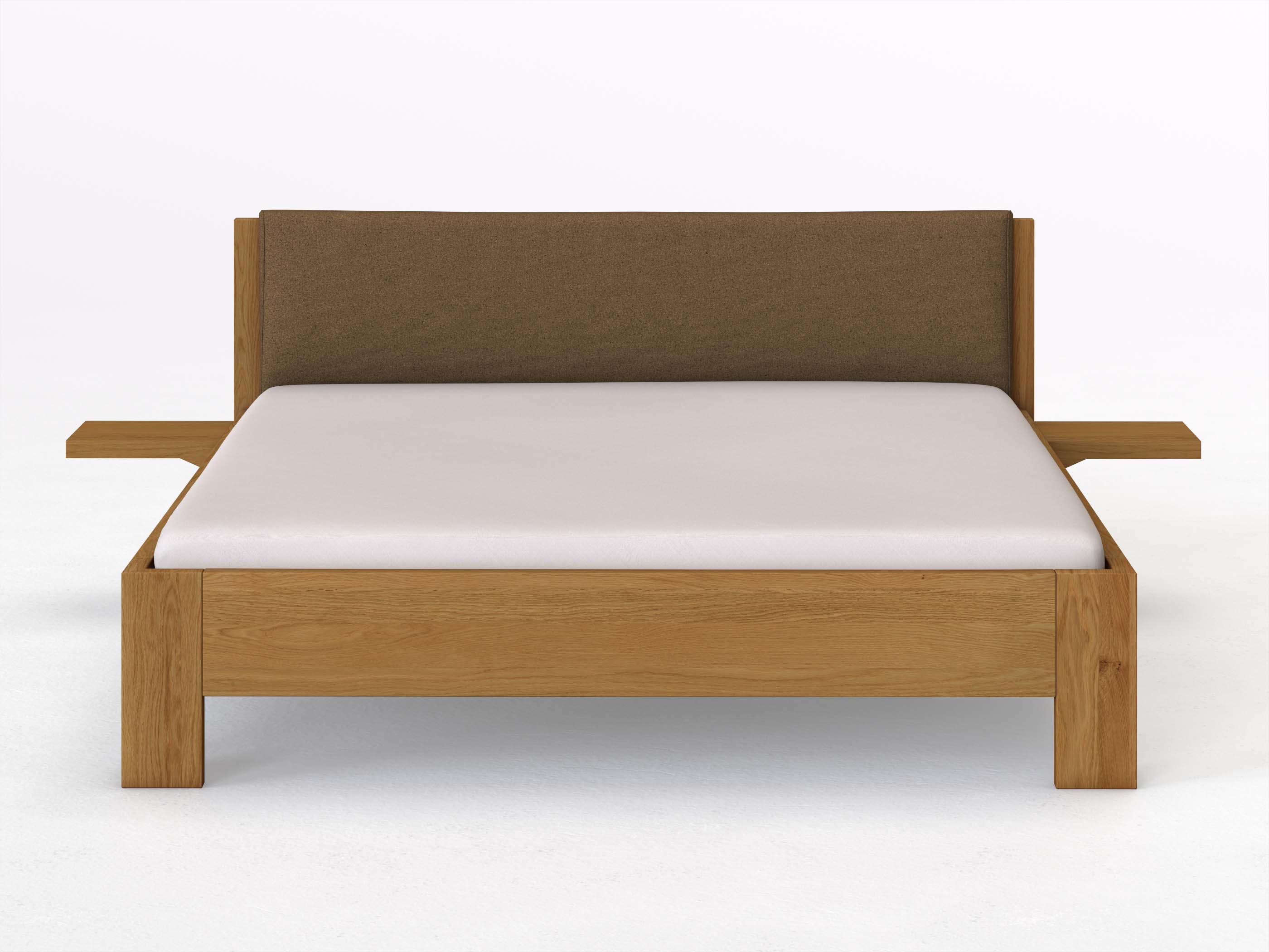 Eichenbett „Alois“ in 180 x 200 cm mit 2 Ablagen und Stoffkopfteil - Stoff: Schafschurwolle „Loden“ in der Farbe Zimtrinde
