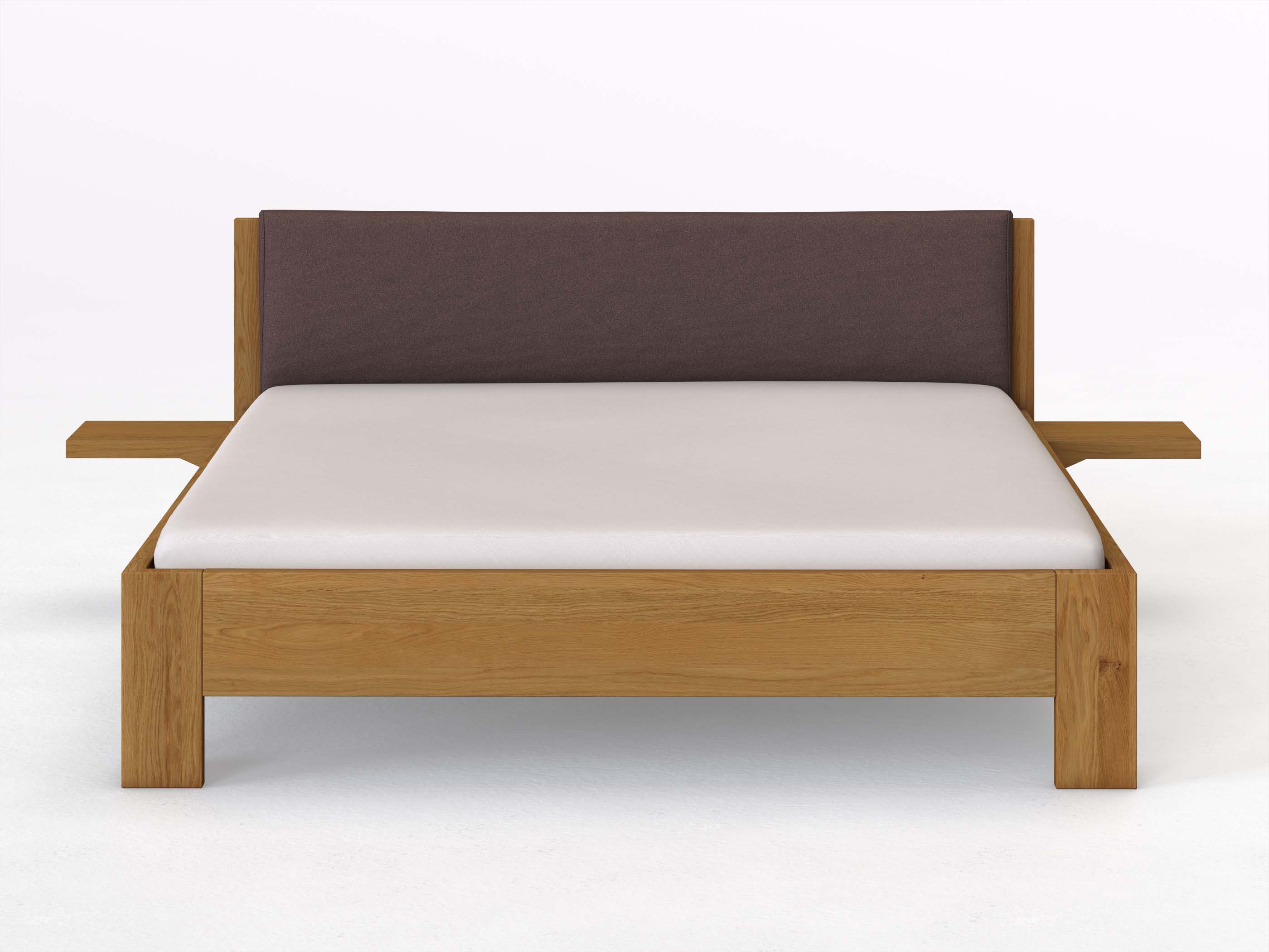 Eichenbett „Alois“ in 180 x 200 cm mit 2 Ablagen und Stoffkopfteil - Stoff: Schafschurwolle „Loden“ in der Farbe Abenddämmerung