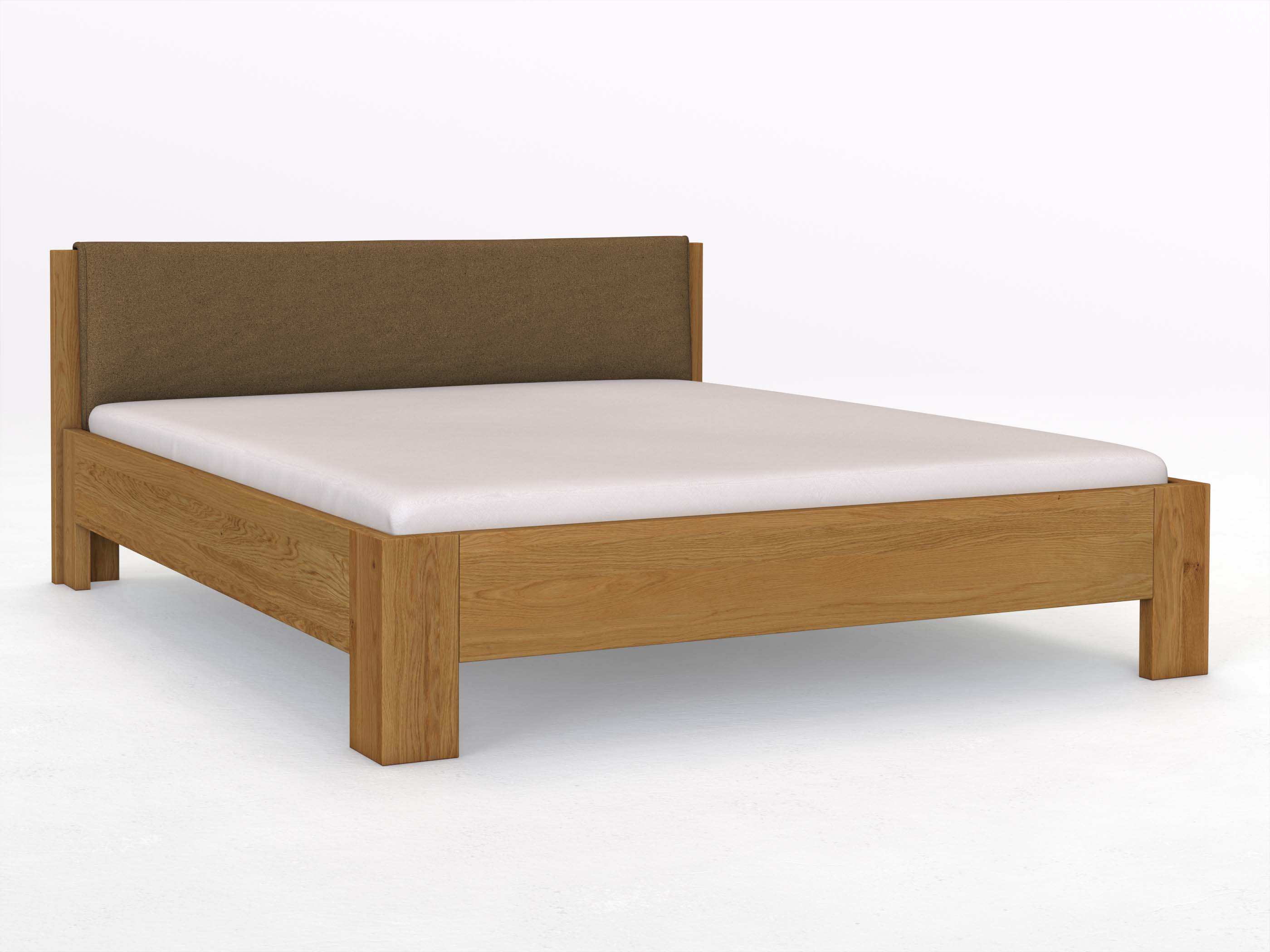 Eichenbett „Alois“ in 180 x 200 cm, mit Stoffkopfteil - Stoff: Schafschurwolle „Loden“ in der Farbe Zimtrinde
