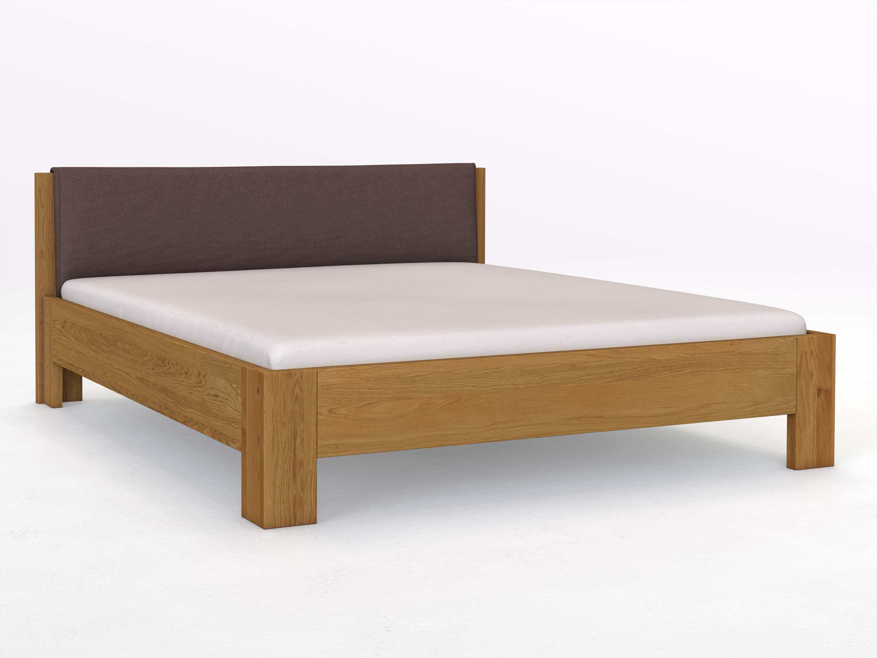 Eichenbett „Alois“ in 180 x 200 cm, mit Stoffkopfteil - Stoff: Schafschurwolle „Loden“ in der Farbe Abenddämmerung