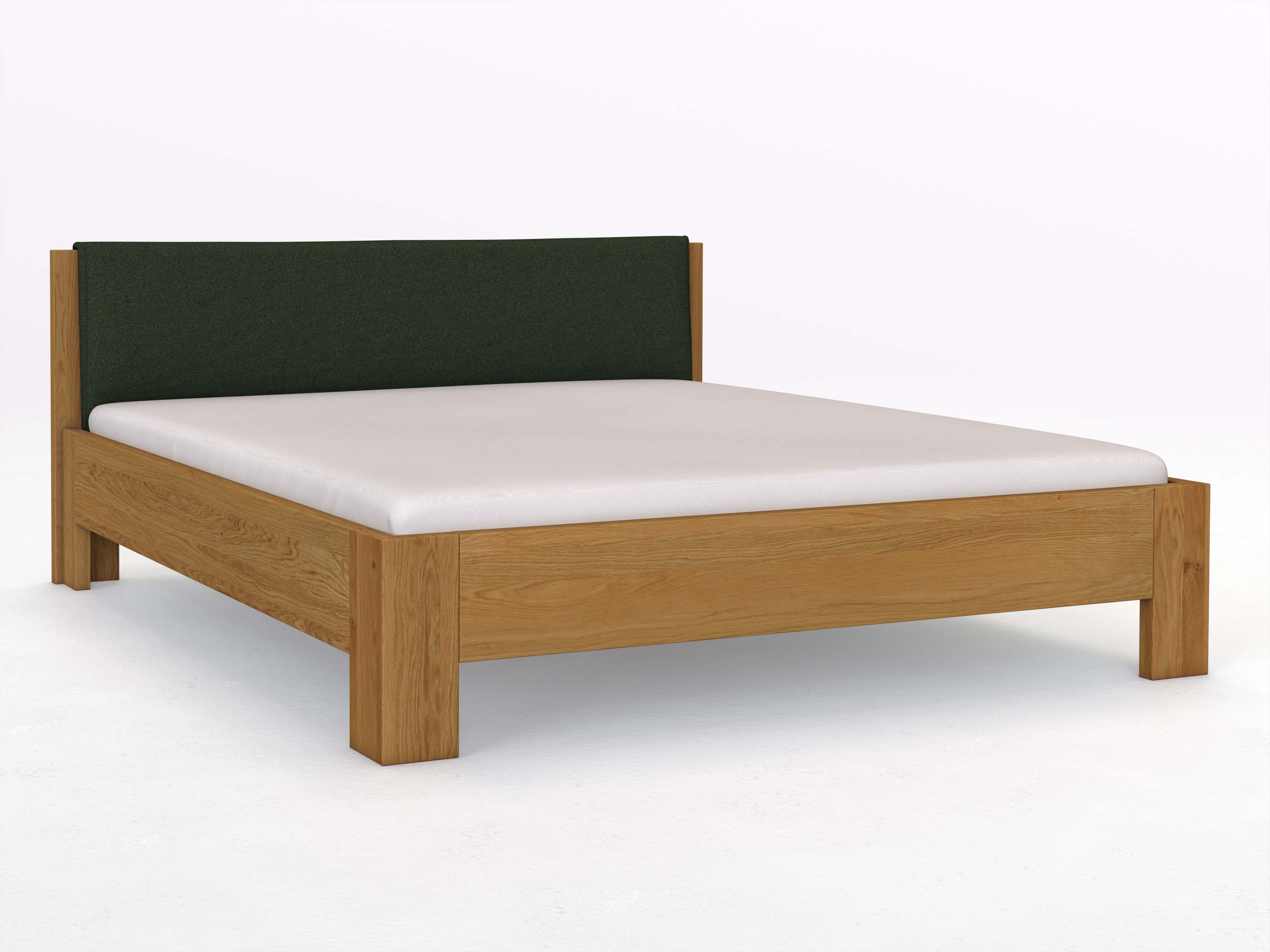 Eichenbett „Alois“ in 180 x 200 cm, mit Stoffkopfteil - Stoff: Schafschurwolle „Loden“ in der Farbe Tannenwald