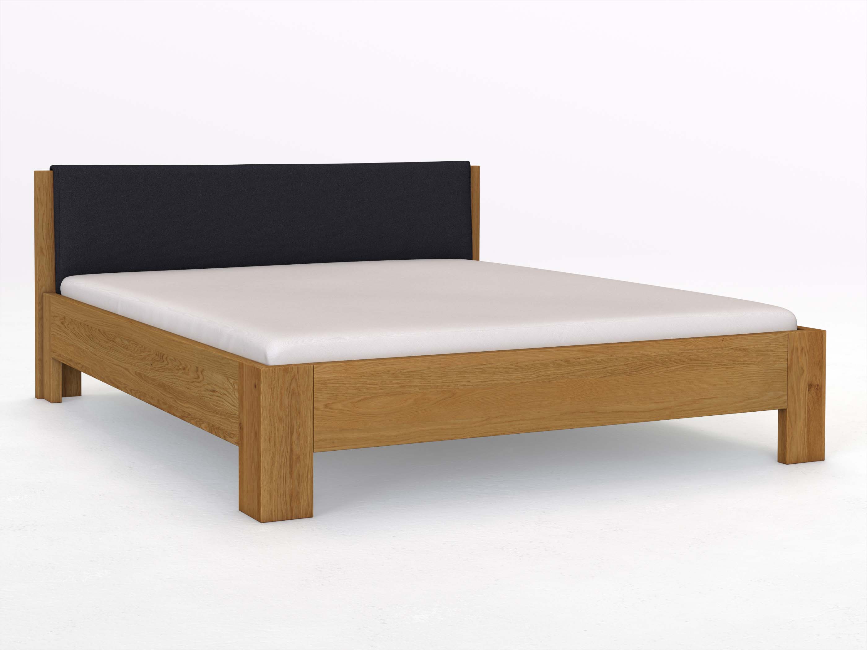 Eichenbett „Alois“ in 180 x 200 cm, mit Stoffkopfteil - Stoff: Schafschurwolle „Loden“ in der Farbe Nachtblau