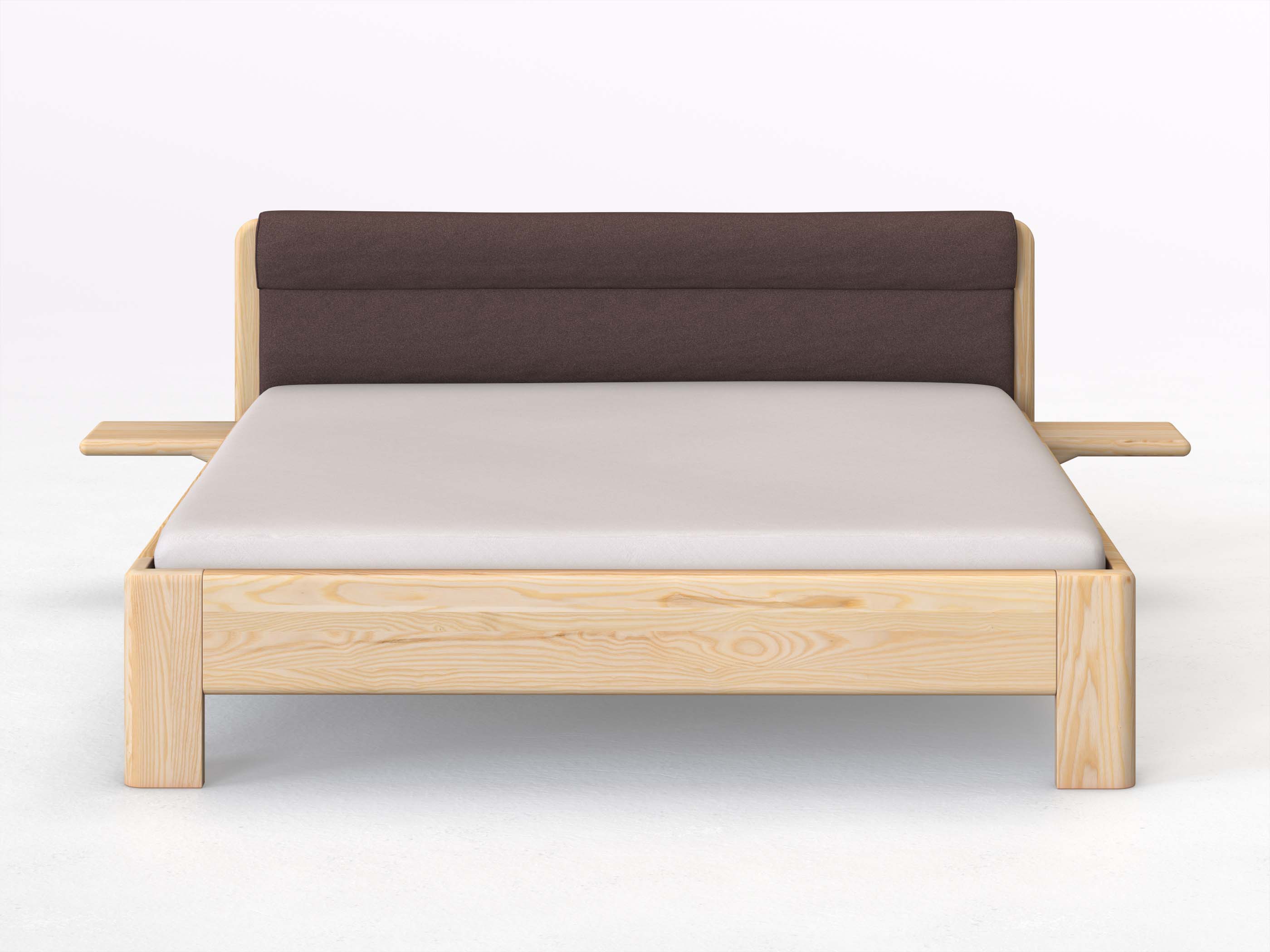 Eschenbett „Niklas“ in 180 x 200 cm mit 2 Ablagen und Stoffkopfteil - Stoff: Schafschurwolle „Loden“ in der Farbe Abenddämmerung