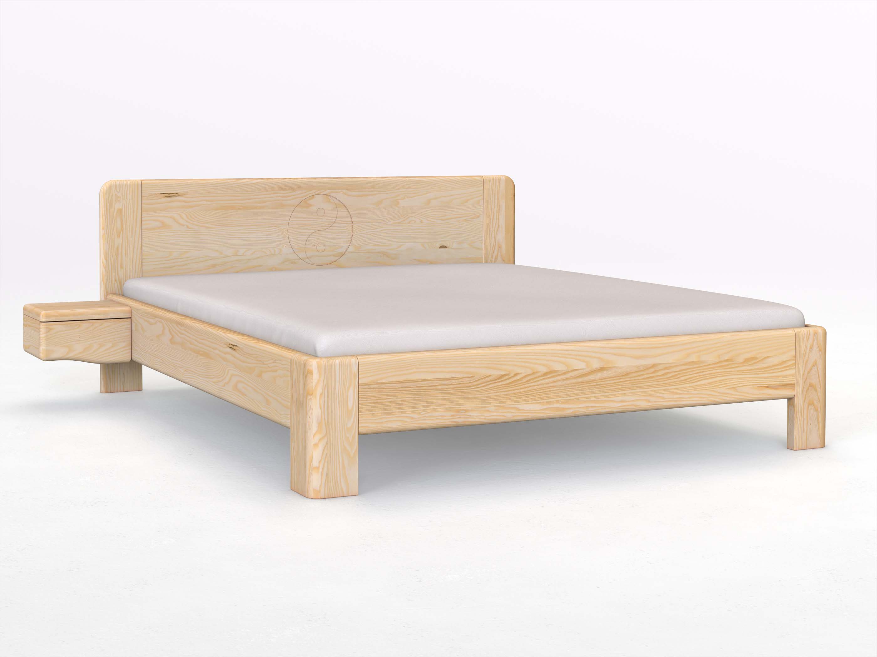 Eschenbett „Niklas“ mit 2 Nachttischen Griff: Welle und der Gravur „Yin Yang“